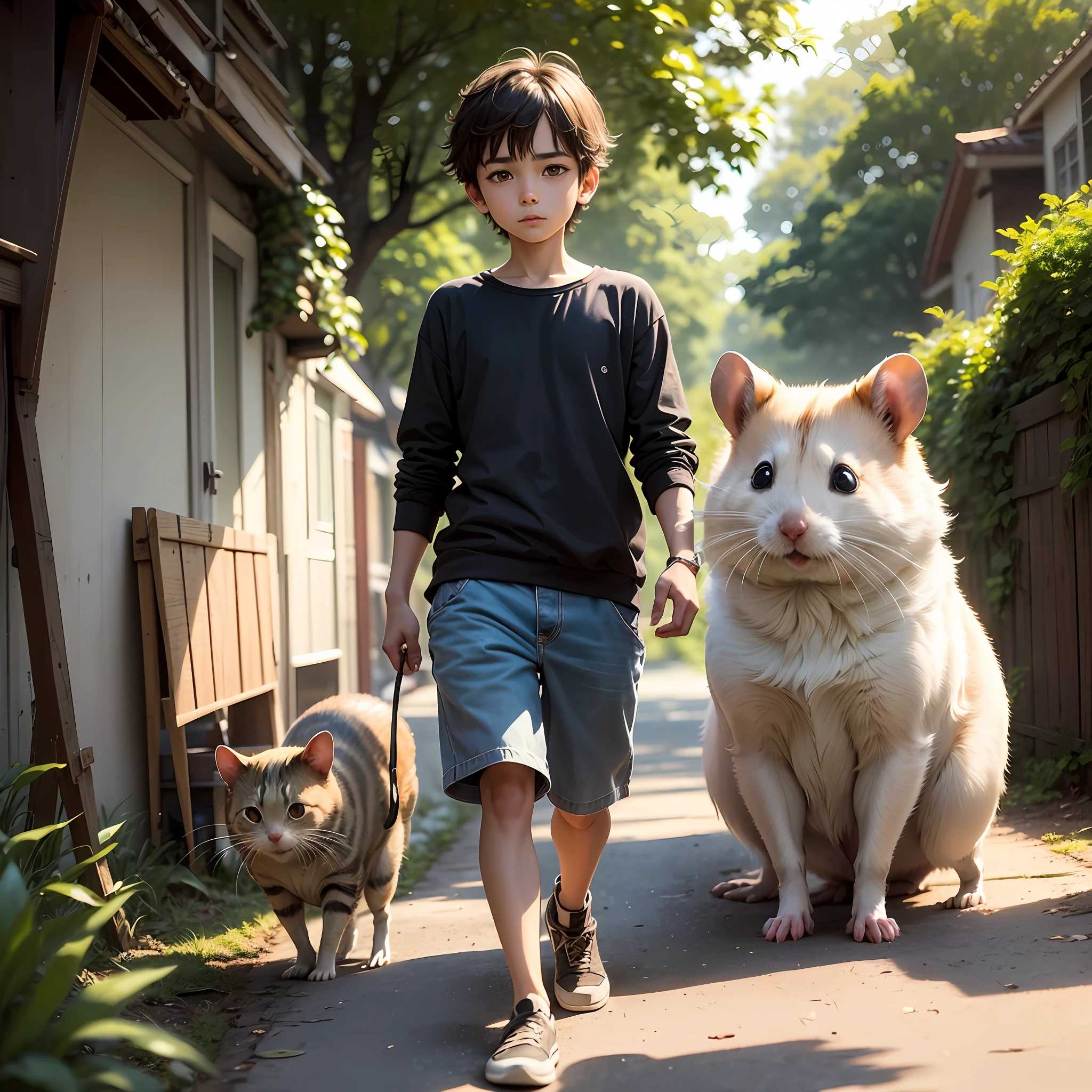 "anime, menino de 10 anos com cabelo curto e seus animais -um cachorro, um hamster e um gato- em casa, na rua e na floresta. With an emphasis on exploration and adventure. " --auto