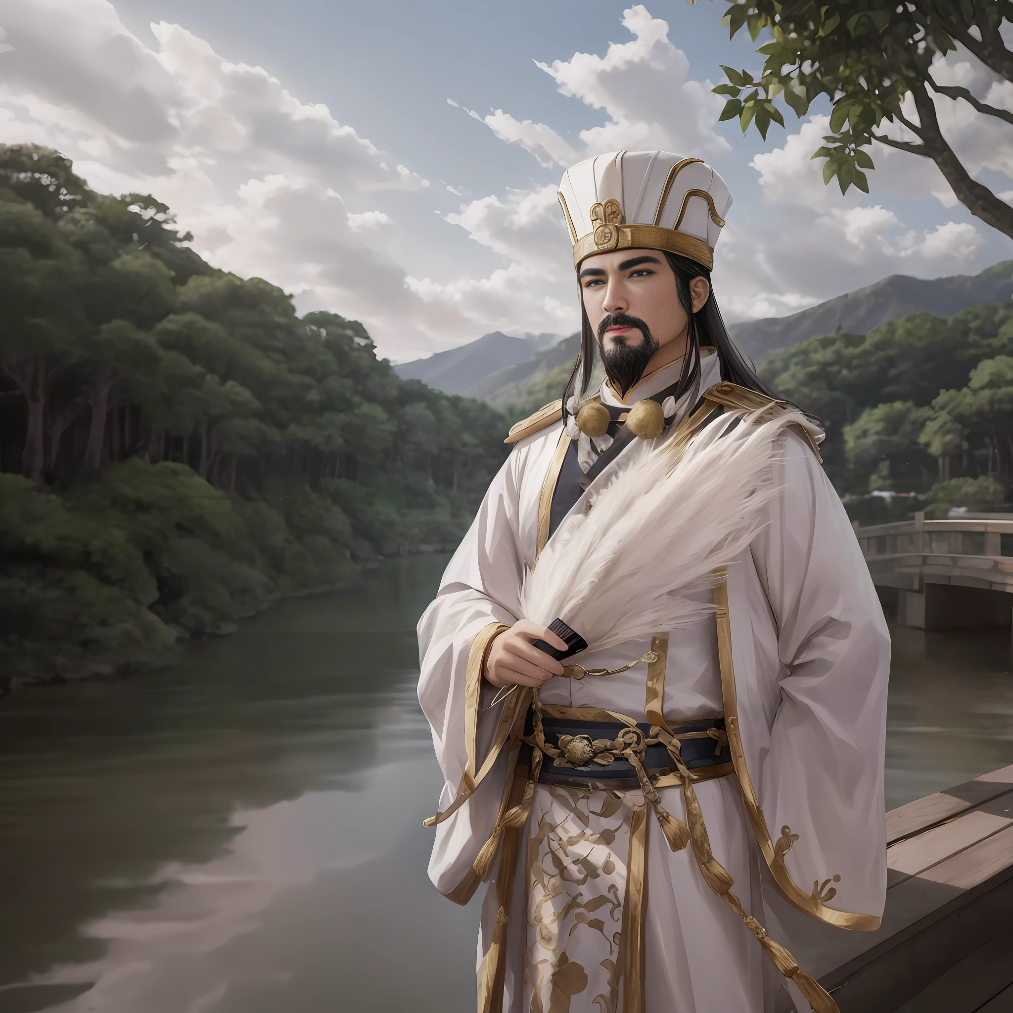 Alafed man in white robe and white hat standing on bridge、Inspired by Cao Zhibai、inspired by Dong Yuan、Inspired by Hu Taobin、Inspired by Wu Bing、Inspired by Li Cheng、inspired by Xuande Emperor、inspired by Guan Daosheng、inspired by Zhao Yuan、inspired by Huang Shen、yang qi、The image is photorealistic and aesthetically pleasing.