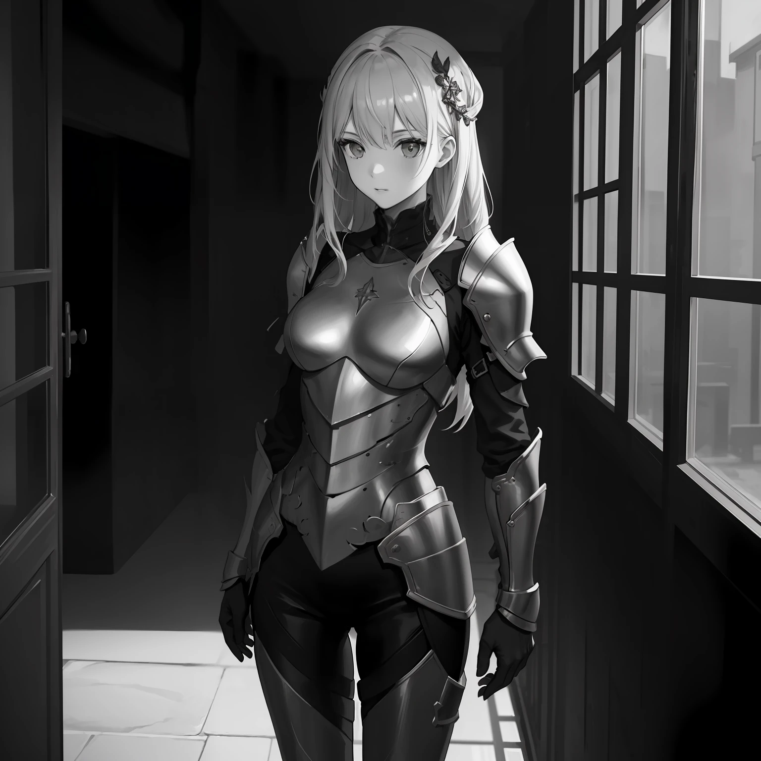 masterpiece,best quality,1girl, greyscale,armor