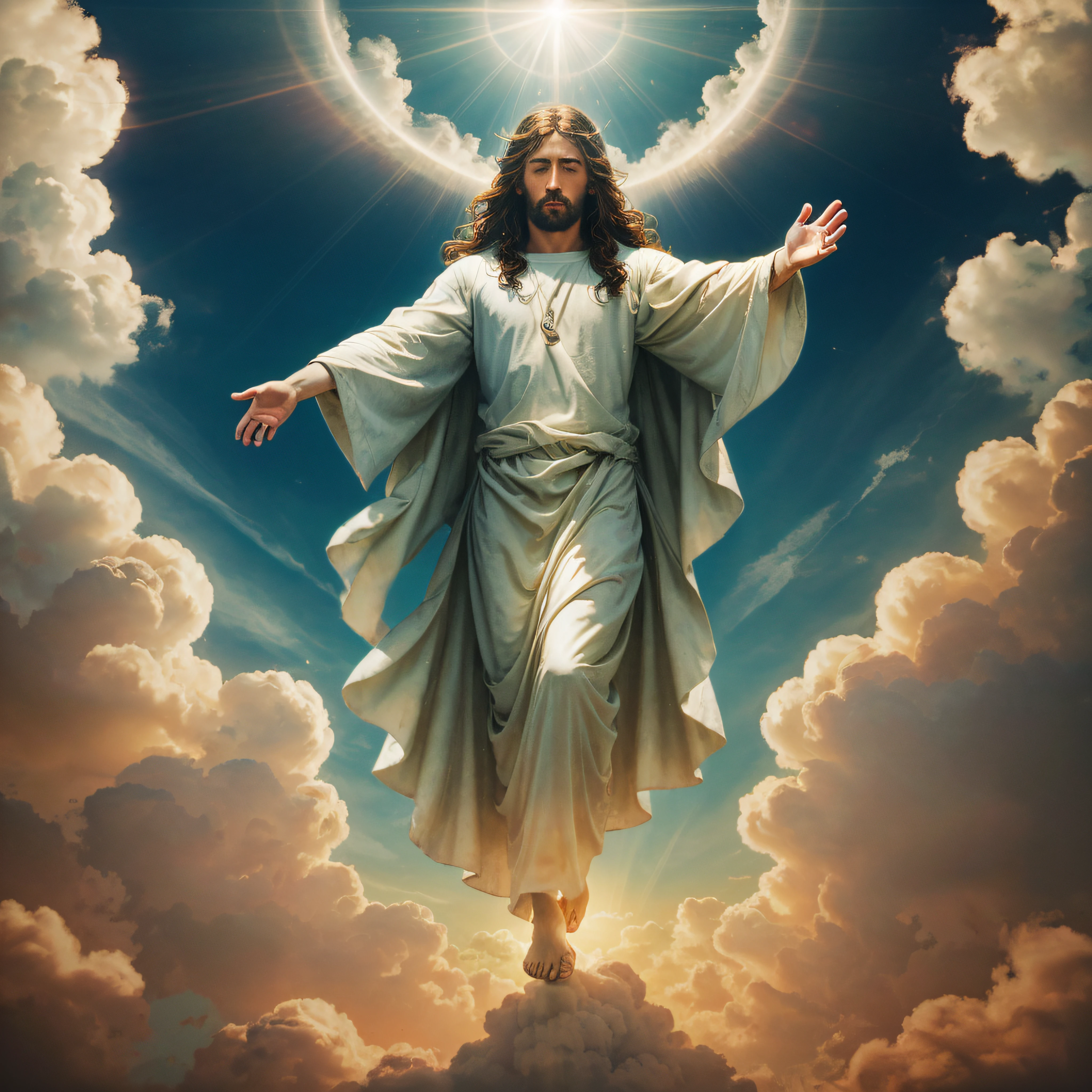 Jesus floating in the air on top of clouds with a light shining brightly on his face --auto --s2