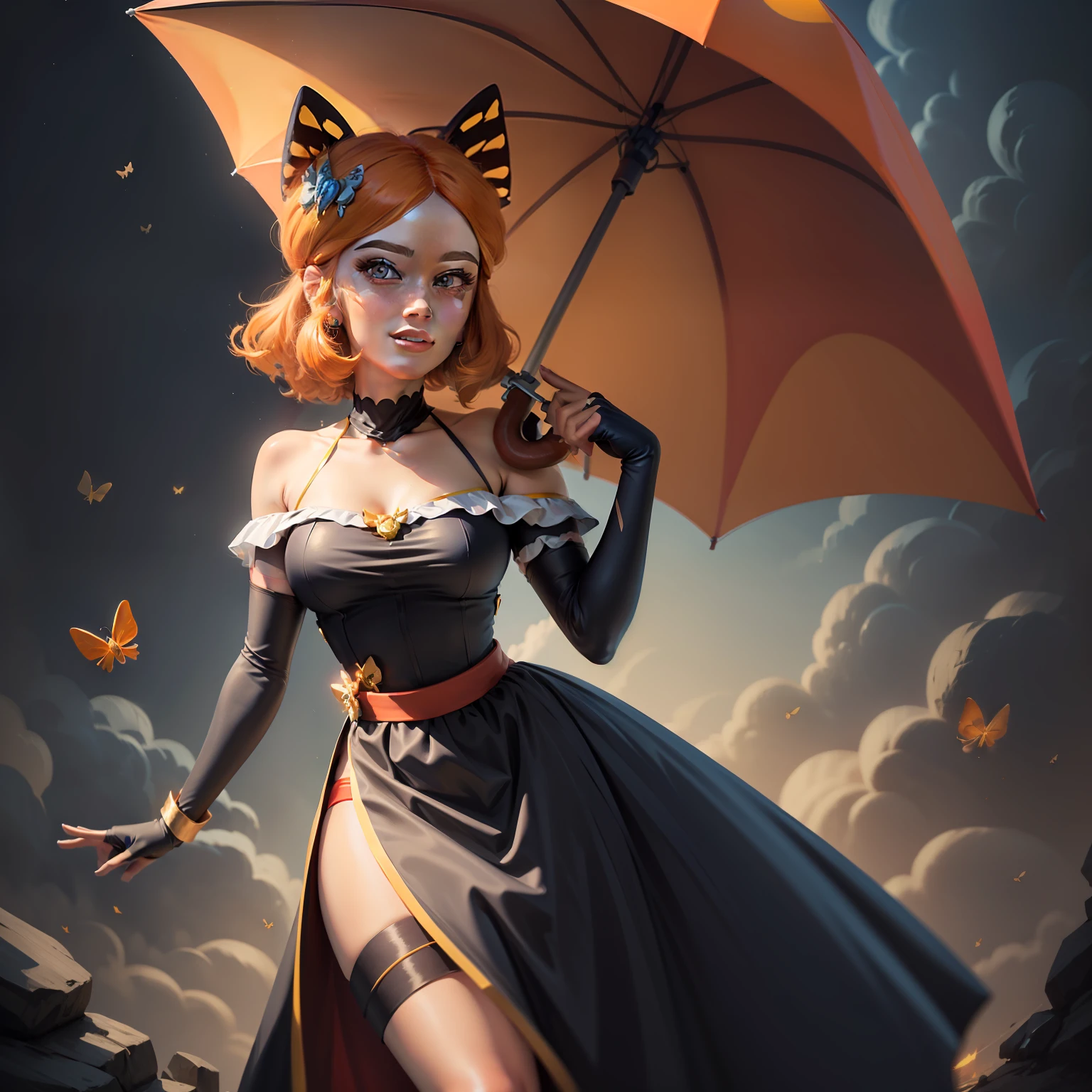 (masterpiece, best quality:1.2), cowboy shot, solo, 1girl, piper, smile, looking at viewer, holding umbrella, long orange hair, golden butterfly hair ornament, blue eyes, black off-shoulder dress, sleeveless, red thigh strap, black elbow gloves, fingerless gloves