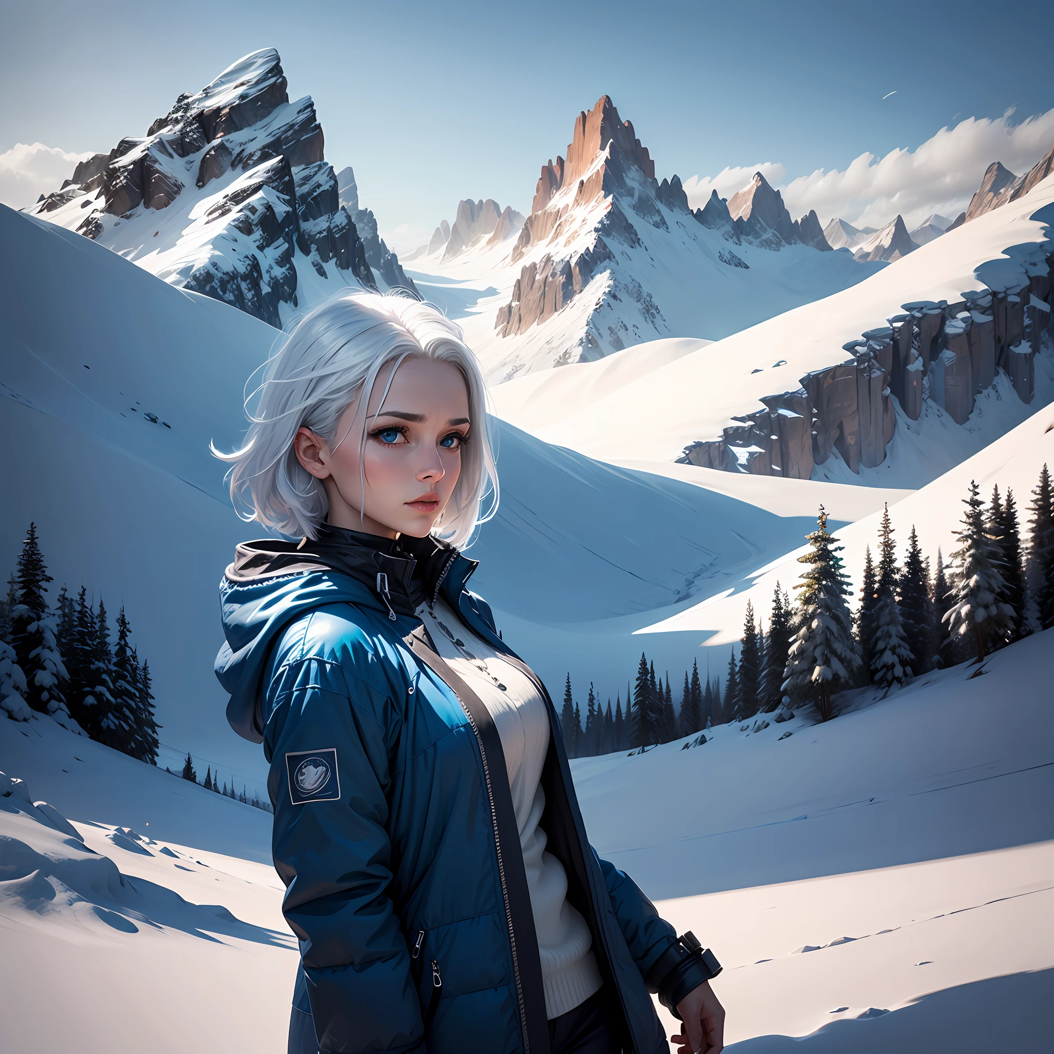 Woman with white hair and blue eyes with silver pieces with blue and white cold clothing behind her mountains with lots of snow, Surrealism, cinematic lighting, 4K, UHD, UHD, UHD