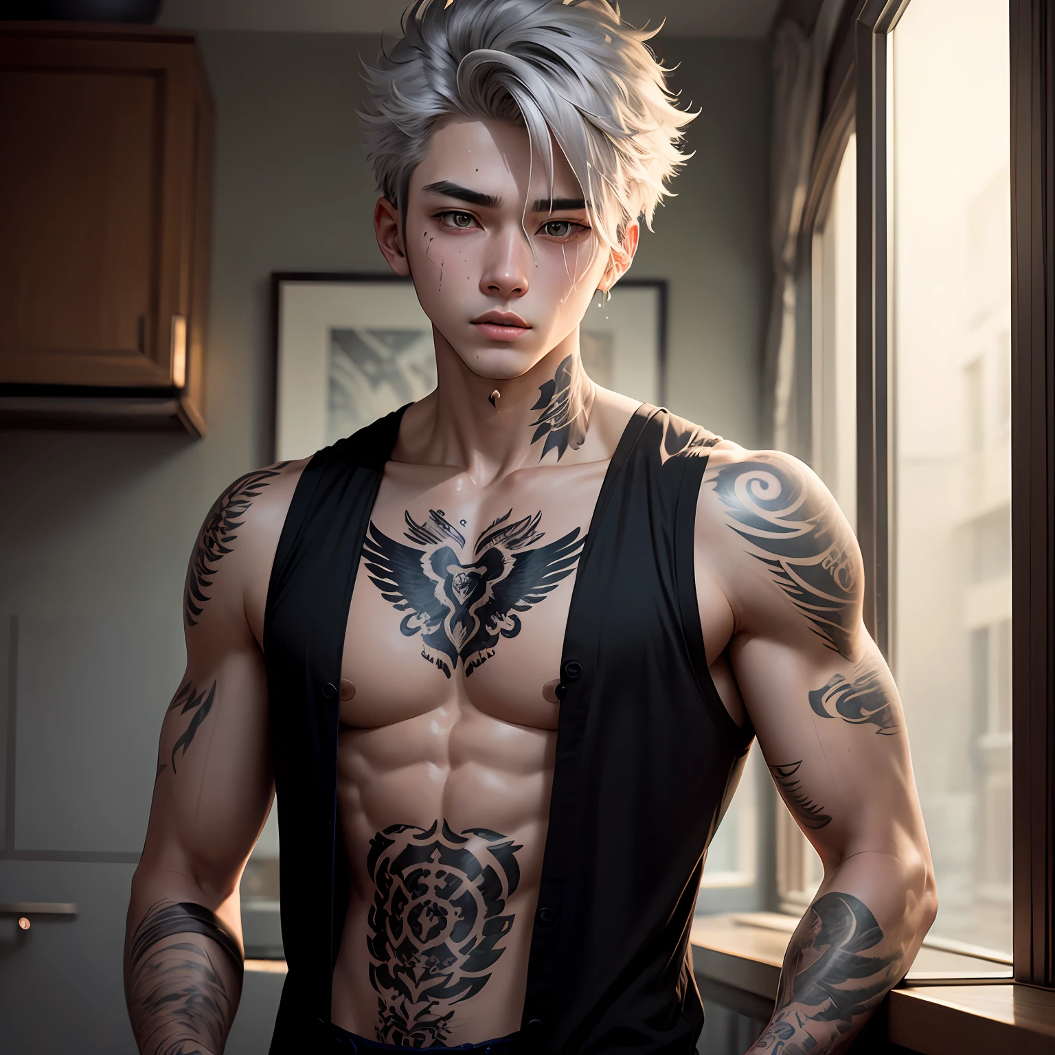 The -yeld emonal boy is covered in tattoos，There is an eagle tattoo on the chest，Reveals his thirst for strength and freedom。He wears a black casual vest，Hide the eagle tattoo,He dyed his gray hair，It adds a sense of mystery and coldness to his image。 --auto