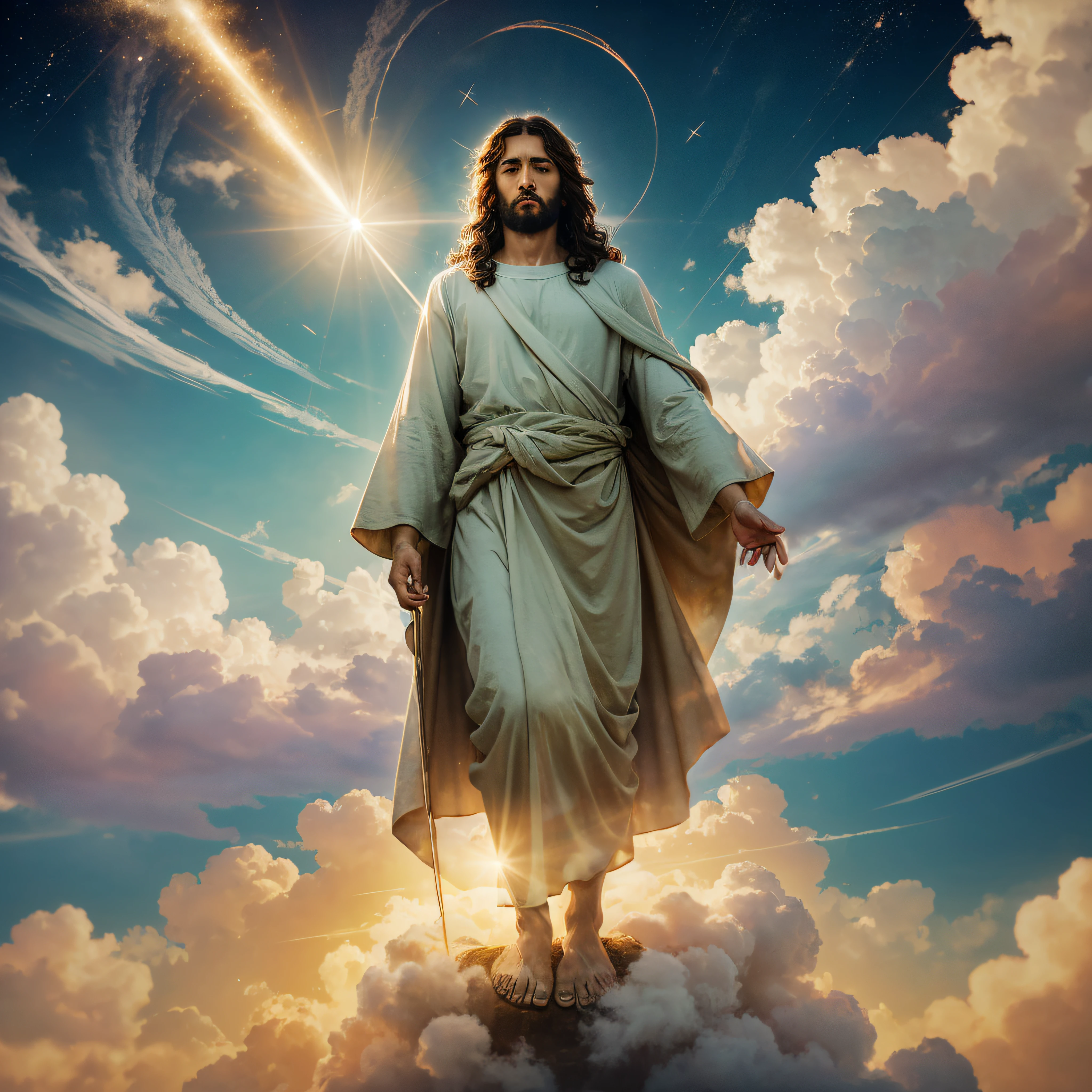 Jesus floating in the air on top of clouds with a light shining brightly on his face --auto --s2