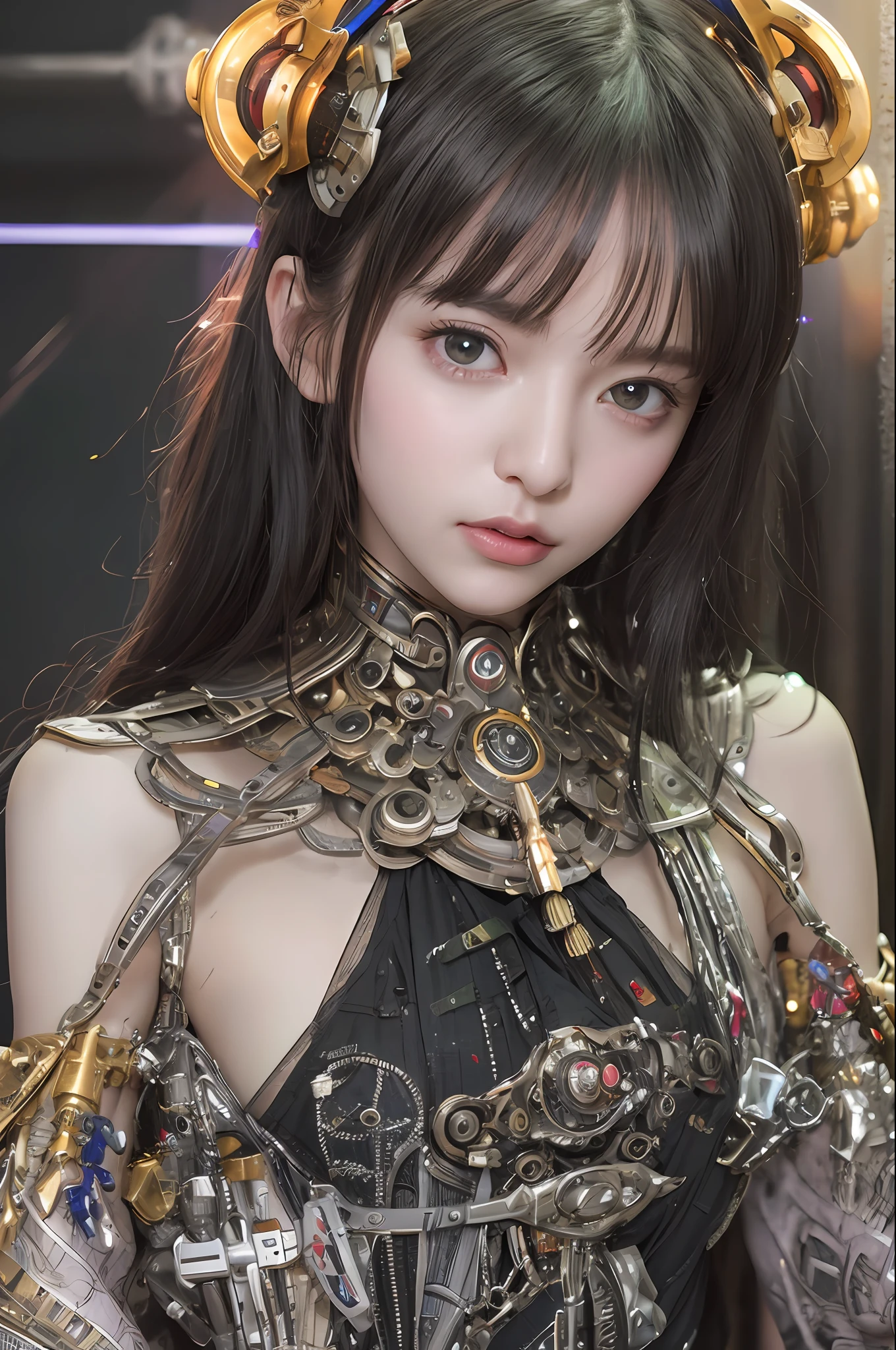 beste-Qualit、masterpiece、The ultra-Highres、(Hphotorealistic:1.4)、Raw photo、女の子1人、Black hair、glowy skin、1 Sexy Mechanical Girl、((Ultra Realistic Detail))、portlate、globalillumination、Shadow、octan render、8K、ultrasharp、hugetits、Raw skin is exposed in cleavage、metals、Details of complex ornaments、Gothloli details、highly intricate detail、Realistic light、CGSoation Trends、purple-eyed、radiant eyes、Facing the camera、neon details、Mechanical limbs、blood vessels connected to tubes、Mechanical vertebrae attached to the back、mechanical cervical attaching to neck、sitting on、Wires and cables connecting to the head、steampunc、Gundam、Small LED lamp、