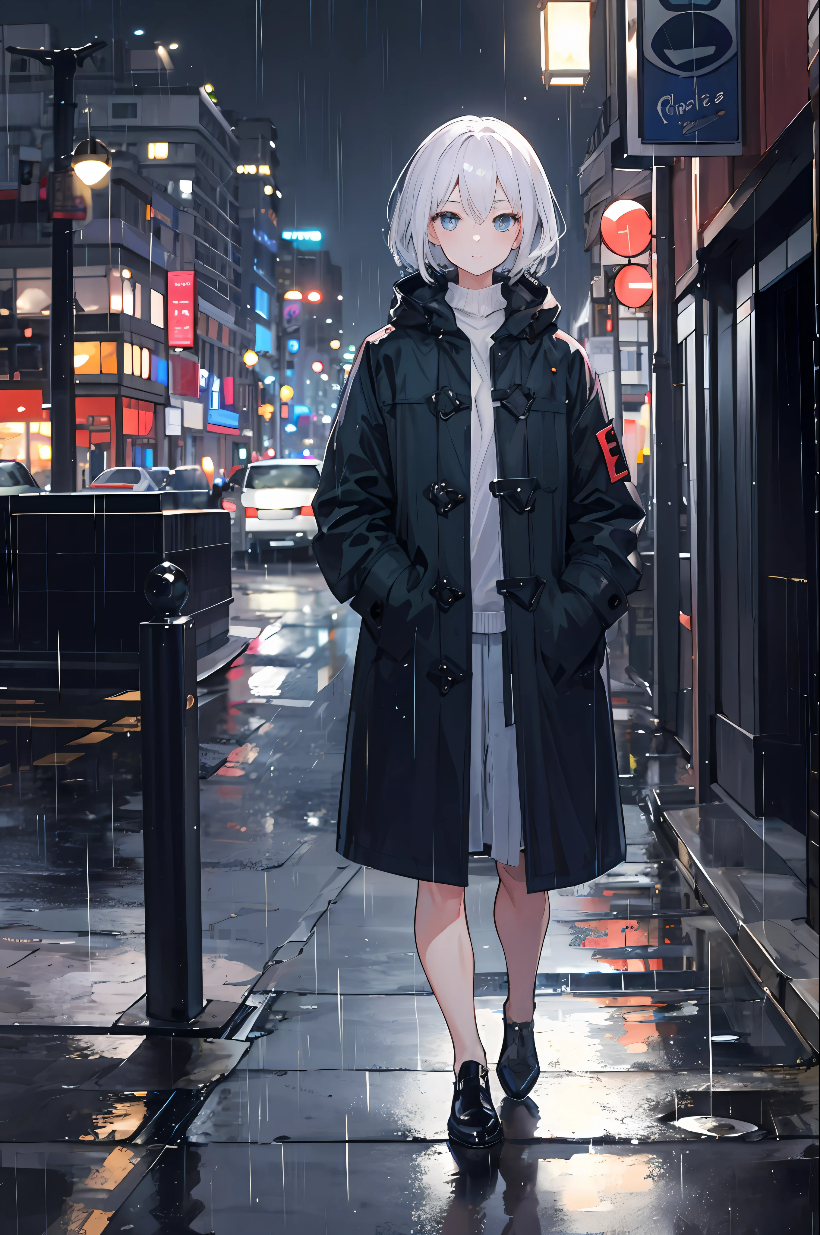 1girl, Night City, rain, coat, hands in pockets