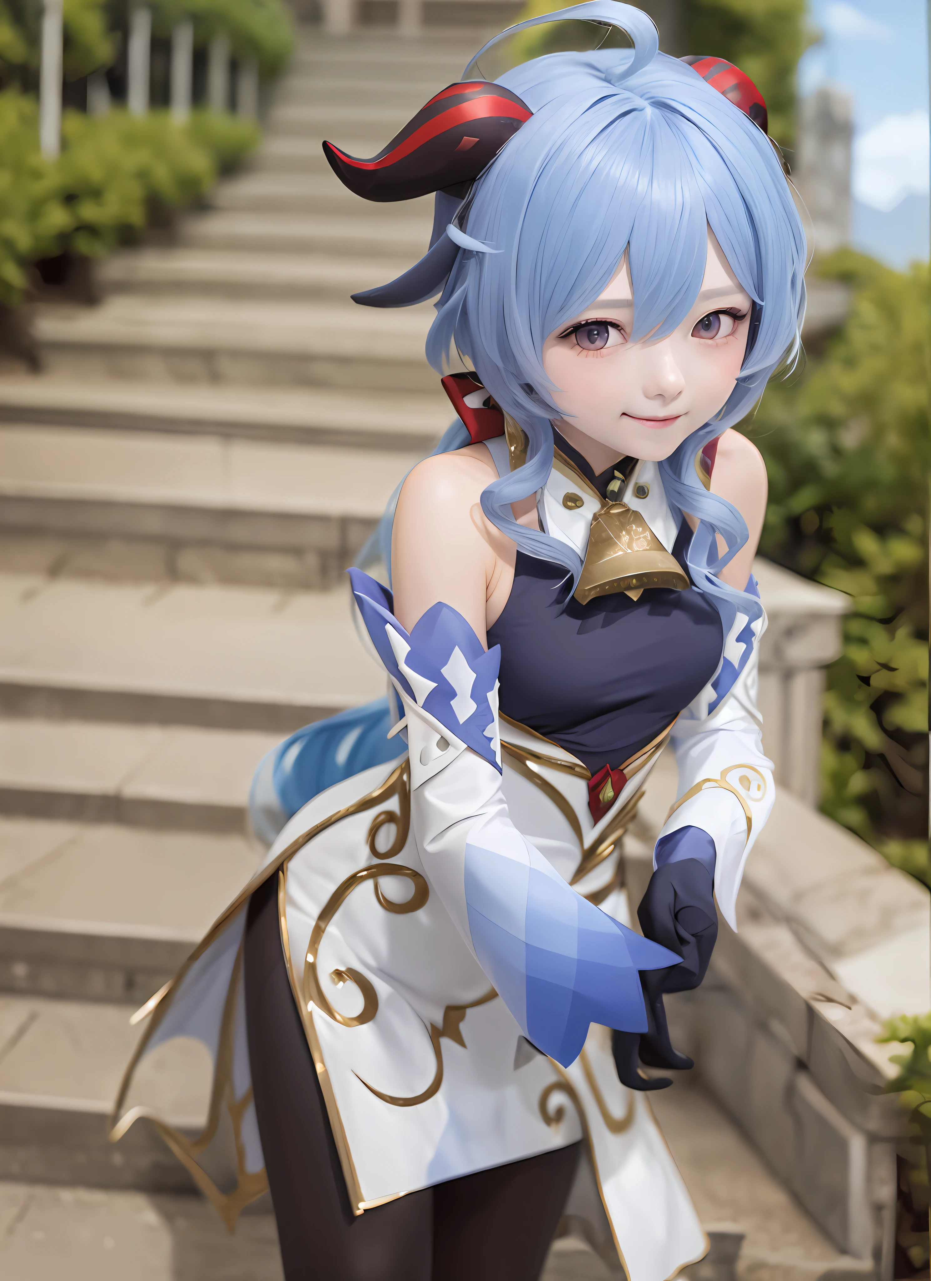 ganyudef, upper body, smile, blush, outdoors, day, simple background, blue sky, short hair, sky, temple, looking at viewer, stairs, mountain, moody lighting,
