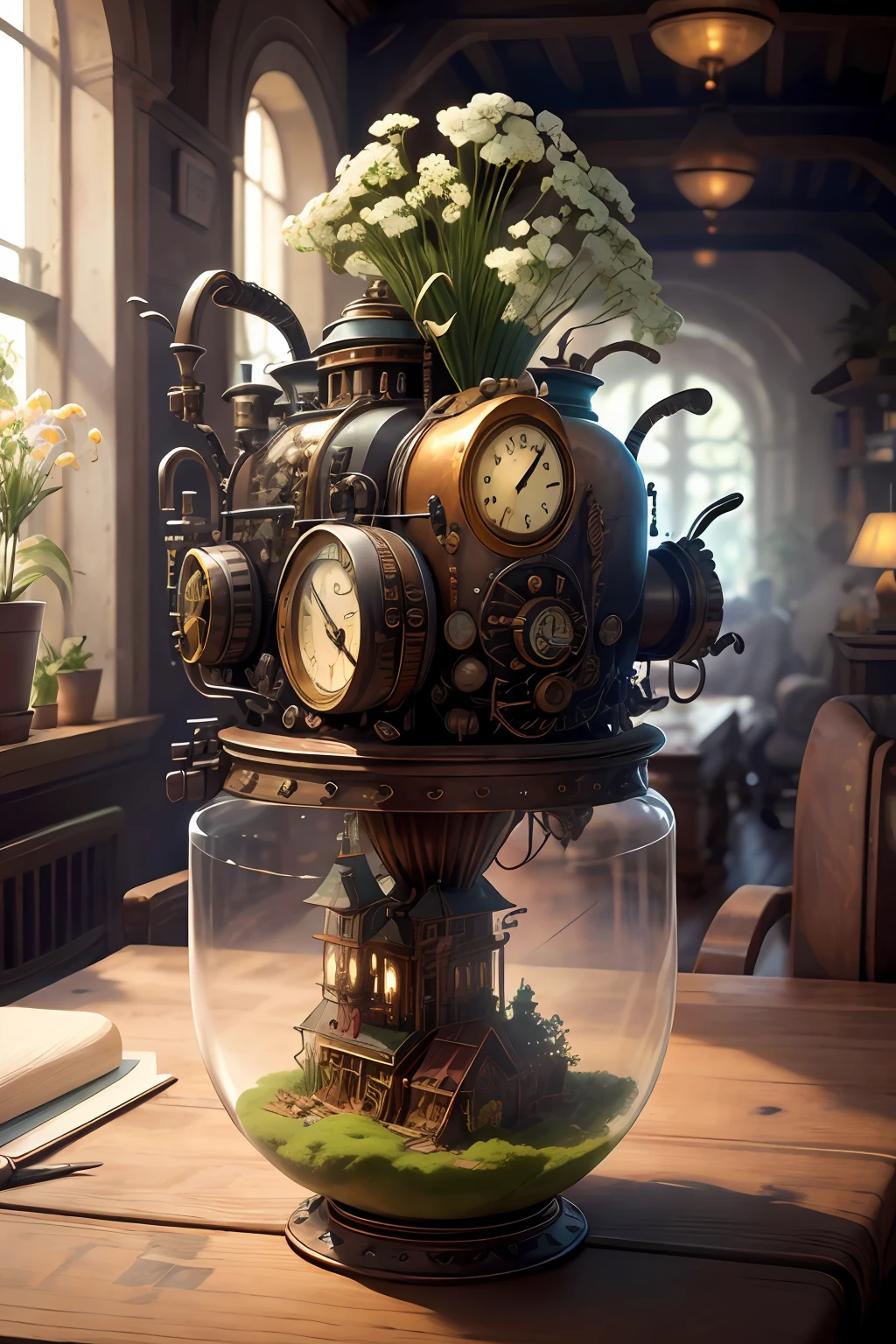 melhor qualidade, obra-prima steampunk, ultra alta res, (foto realista: 1.4), surrealismo, sonho-como, Gypsophila paniculata florescer em um vaso steampunk, criatura de fantasia, SteamPunkAI,