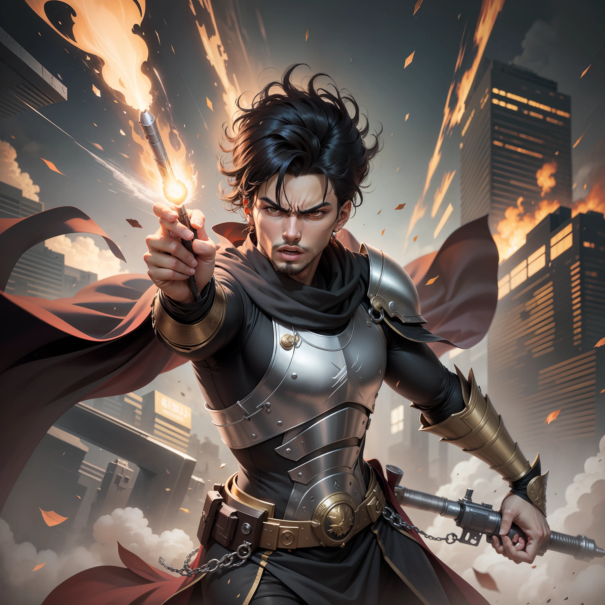 realistic image with anime style artwork of an Egyptian male, 25 years old, dressed in black clerical robes with silver shoulder pads, rpg warrior, angry, firing a power in an air raid