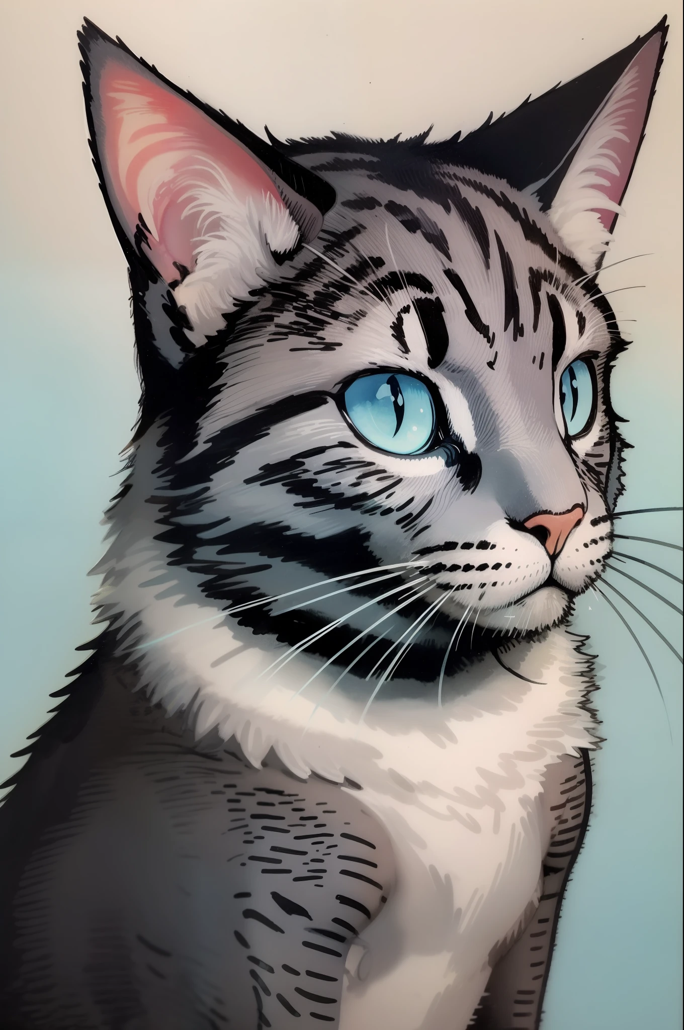 Best quality, tmasterpiece, A dark-haired, blue Cat eyes, head looking up, Upper body body,ink and watercolor painting,There was a fire burning all around
