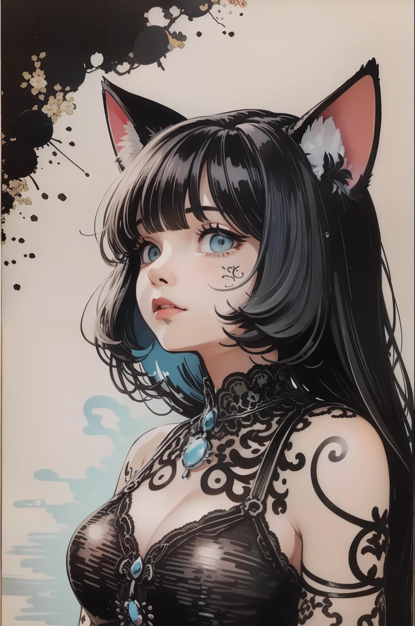 Best quality, tmasterpiece, A dark-haired, blue Cat eyes, head looking up, Upper body body,ink and watercolor painting,There was a fire burning all around