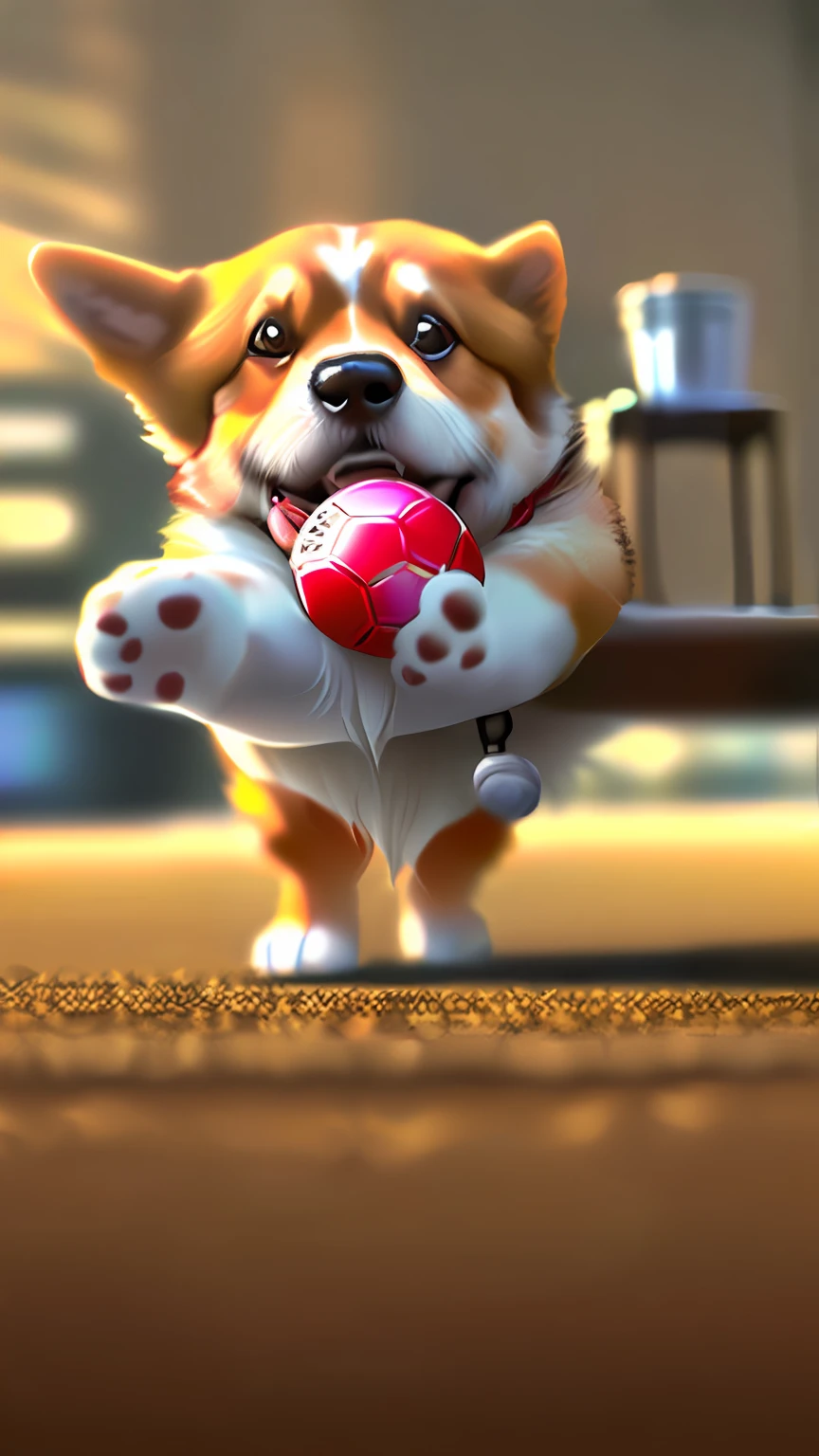 there is a dog that is holding a ball in its mouth, cute corgi, holding a ball, cute toy, Corgi, taken with sony alpha 9, Help me, corgi with [ Angelic wings ]!!, corgi cosmonaut, he is happy, taken with sony a7r camera, awww, in an action pose, he is a rockstar