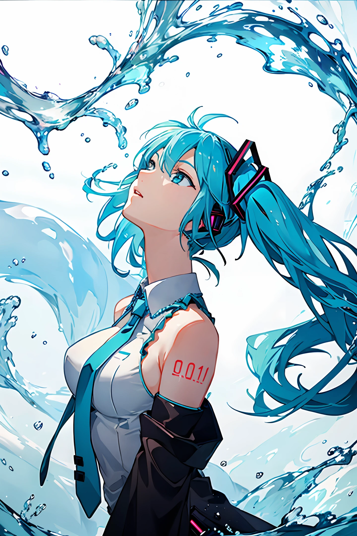 Big breasts Hatsune Miku，Look up，Upper body body，tmasterpiece，Beautiful，Water sleeves，water ink