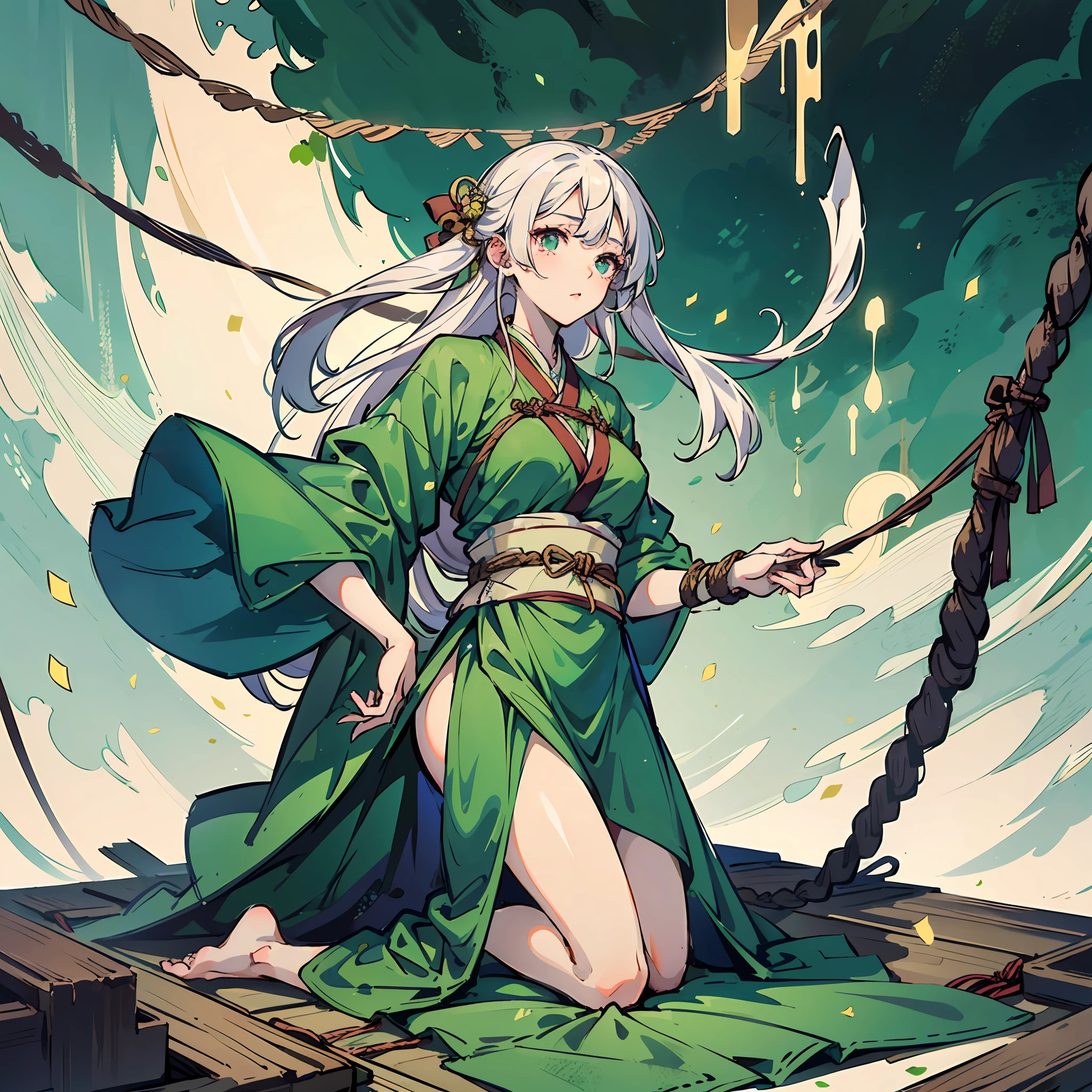 1 girl with white hair，soaking all over，wearing a hanfu，The clothes are green，The whole body is bound by rope，The whole body is bound by ropes，kneels on the ground，Barefoot，No shoes，bare footed，Two-dimensional，Two-dimensional --auto