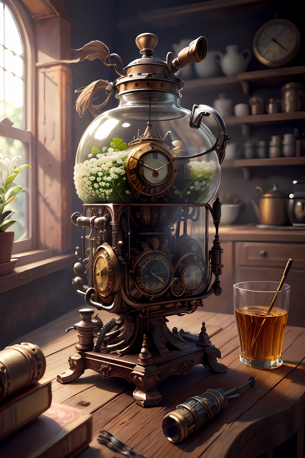 melhor qualidade, obra-prima steampunk, ultra alta res, (foto realista: 1.4), surrealismo, sonho-como, Gypsophila paniculata florescer em um vaso steampunk, criatura de fantasia, SteamPunkAI,