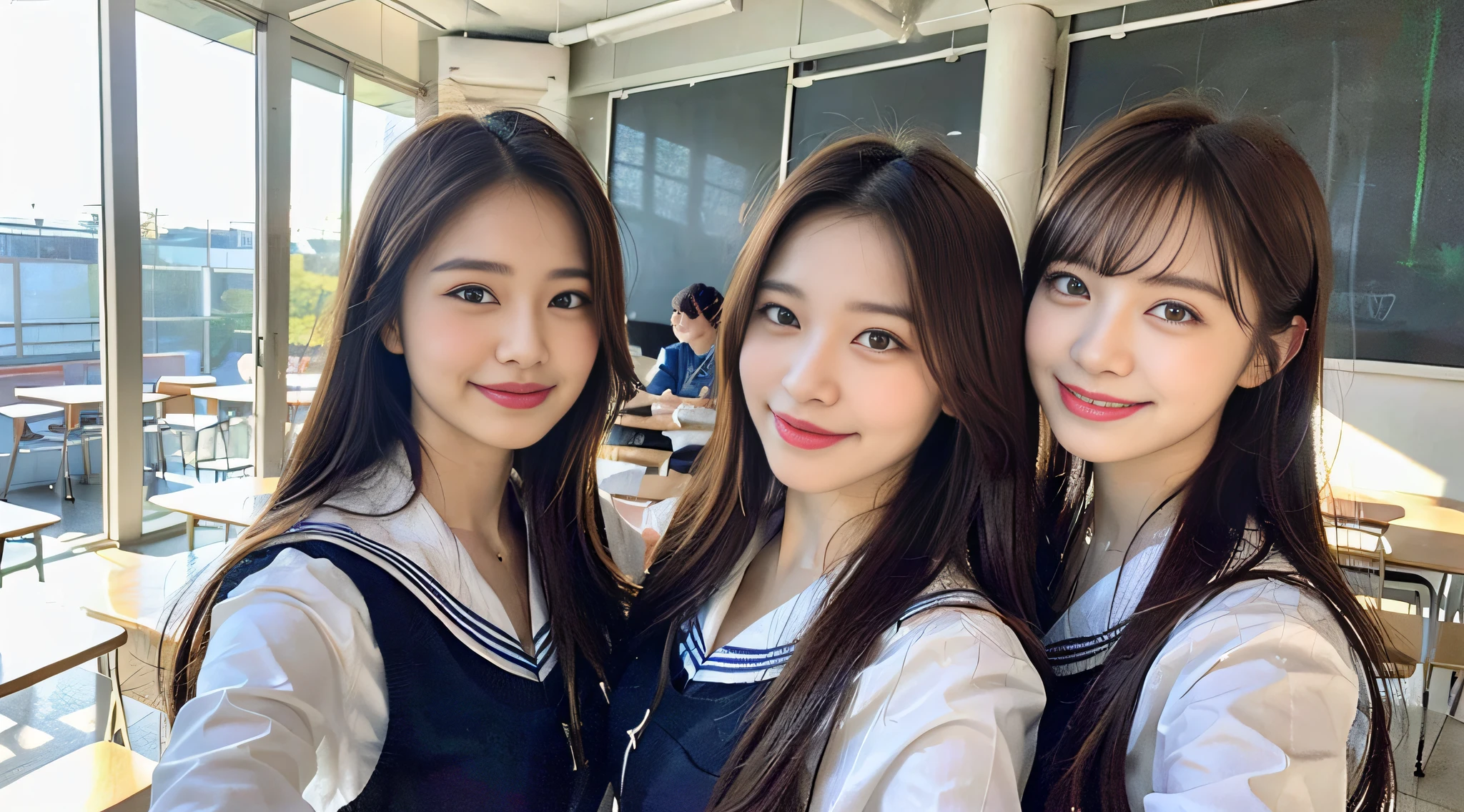 (8K、Raw photography、beste-Qualit、masterpiece:1.2)、ultra-detailliert、ultra res、(realisitic、Real Photographics:1.47)、(Hugging each other)Leaning closer、(Fantastic lighting)Hugging、电影灯光、White Skin Skin、Fair-skinned female proofreading、An ultra-high picture quality、Beautiful blue sky lighting、Beautiful female proofreading reflecting in light、amazing detailed、Beautiful girls in very detailed、Faces with different patterns、Different face patterns、Each hairstyle has its own characteristics、Farbe々Hairstyle、Farbe々Hair color、Circle of Angels、Having a conversation in a classroom at school、Brown hair shining in the light、One has a ponytail、、Modern cute high school girl、very detailed faces very detailed eyes、Very realistic skin、 extremely detailed fingers, highly detailed nose, highly detail mouth, perfect anatomia, Highly detailed sailor suit、highly detailed back ground,After school、Smiling school girls are gathered in the hallway of the school。They are hugging each other in uniform、Light from bright windows illuminates the classroom、The details of their hair and uniforms shine through.。, famous Japan idol, cute little, Realistic body, White Skin Skin, glistning skin, Slim body, Long straight hair, (Blunt bangs:1.2), two young women in school uniforms hugging each other in a hallway, two japanese schoolgirls posing, nixeu and sakimichan, TWICE, Seifuku, sakimichan, JK Uniform, wearing japanese school uniform, promo still, Larisa Manobal, Japan school uniform, japanese girl school uniform, alena aenami and lilia alvarado