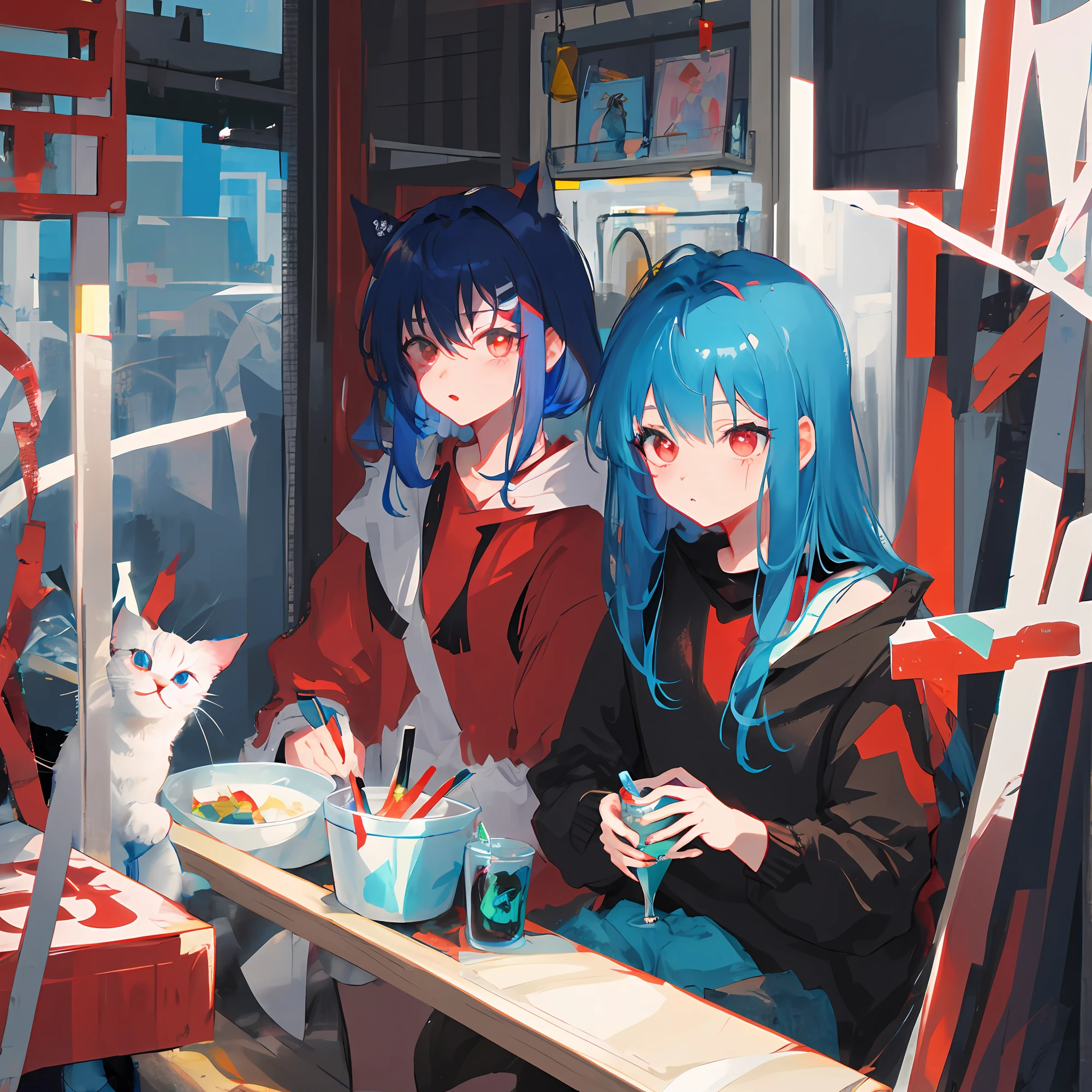 Blue-haired, red-eyed cat lady two-dimensional