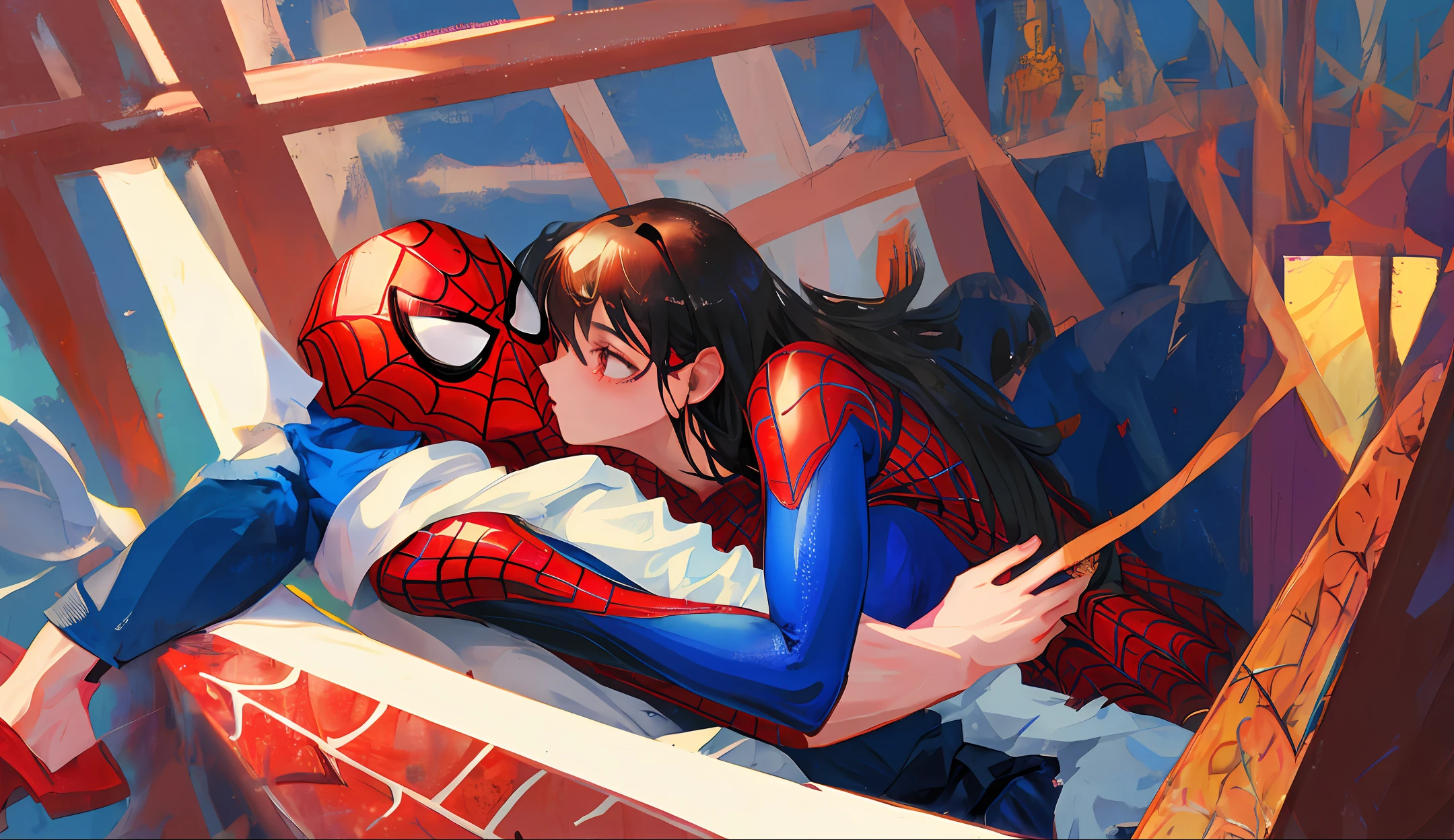 Spider-Man and Pigman hug and kiss