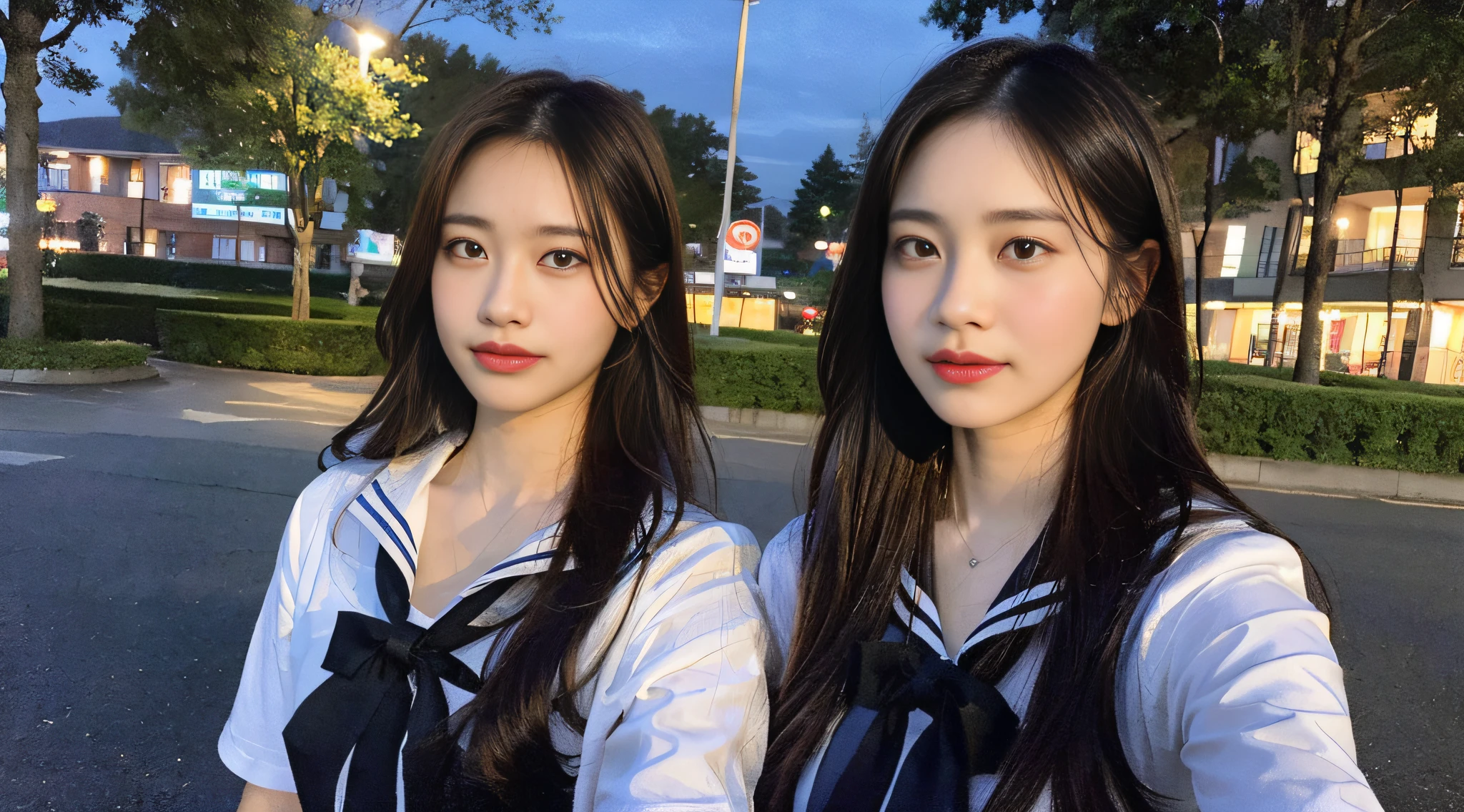 (8K,Raw photo、Raw photo、beste-Qualit、Master masterpiece:1.2)、ultra-detailliert、Super Resolution、(Hphotorealistic:1.5)、high resolution RAW color photos、professional photograpy、(Very beautiful and detailed night tree-lined avenue 1:1.37)((A beautiful moonlit night))、fullmoon、Very detailed and beautiful、Ultra-high image quality、High school girl in sailor suit、(Puffy cheeks)Detailed uniforms、Each face has its own distinctive features、Different face patterns、Farbe々Hairstyle、Brown hair fluttering in the night breeze、Hair swaying and sexy、Very detailed beautiful girl、(Pink Eye Shadow)、Red tie、Puffing up face、Pouting、Puffy face、He looks at me with his face puffed up.、Burikko、Buriko Pose