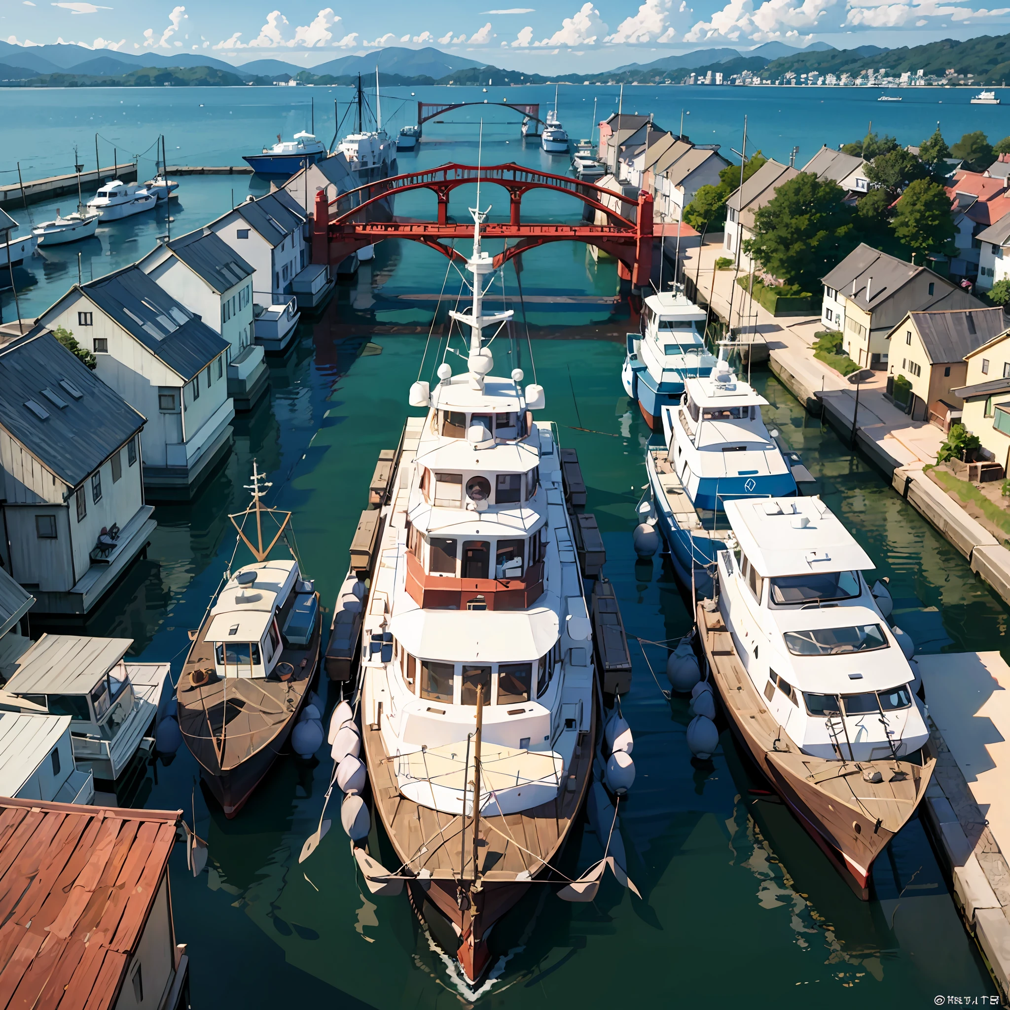 harbour、towns、red bridge、fishing boats
