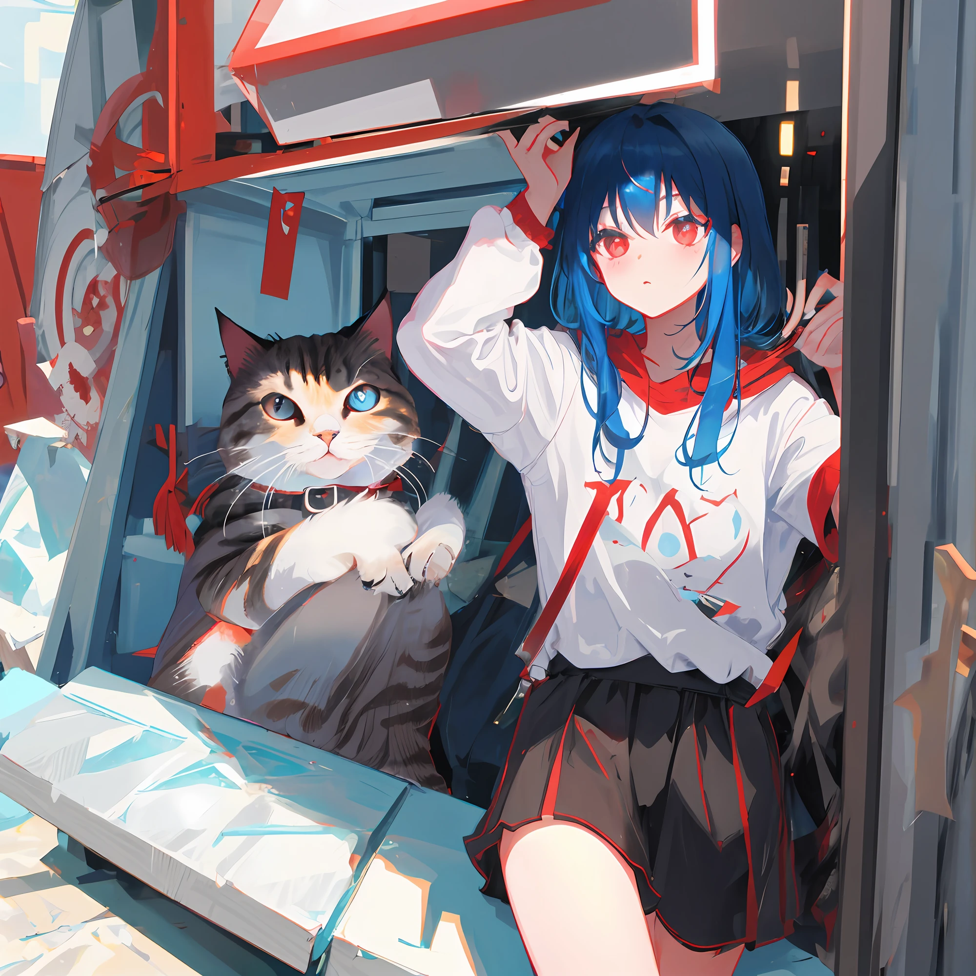 Blue-haired, red-eyed cat lady two-dimensional