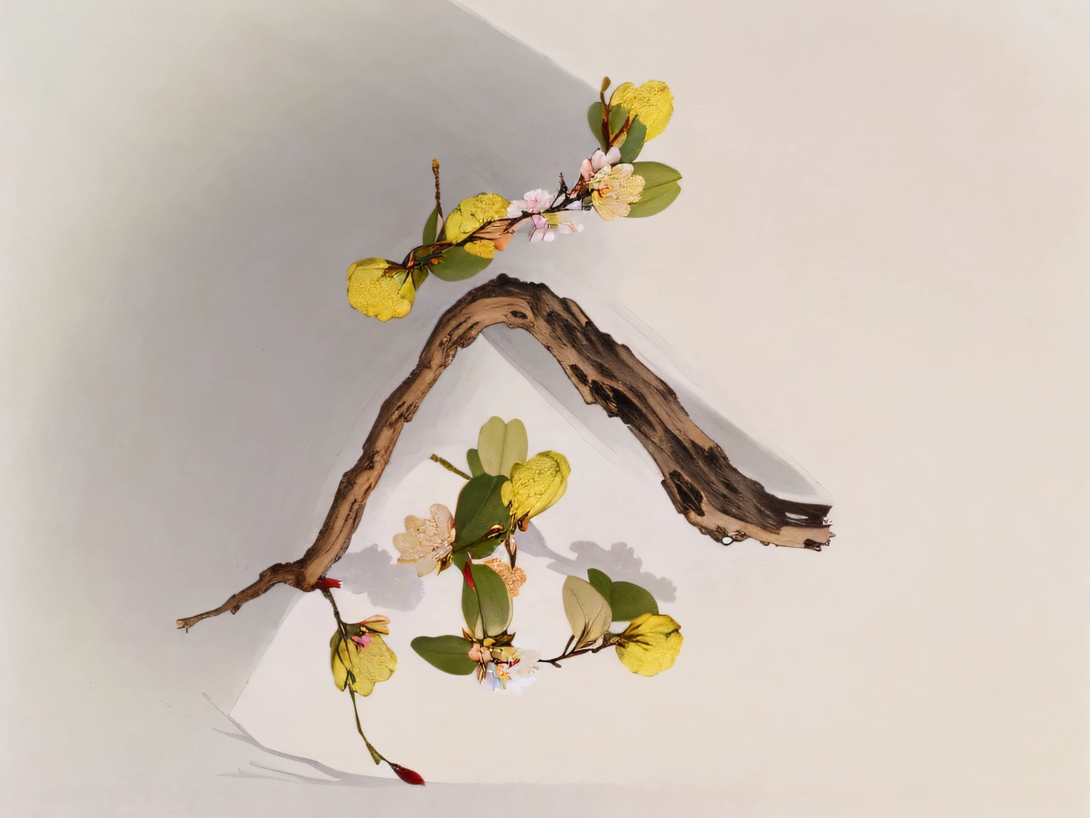 There was a small vase，There are branches and flowers inside, floral arrangements, ikebana white flowers, falling cherry blossom pedals, falling cherry blossoms pedals, hyperdetailed twigs and plants, sakura, flowers and stems, Beautiful composition, clubs,