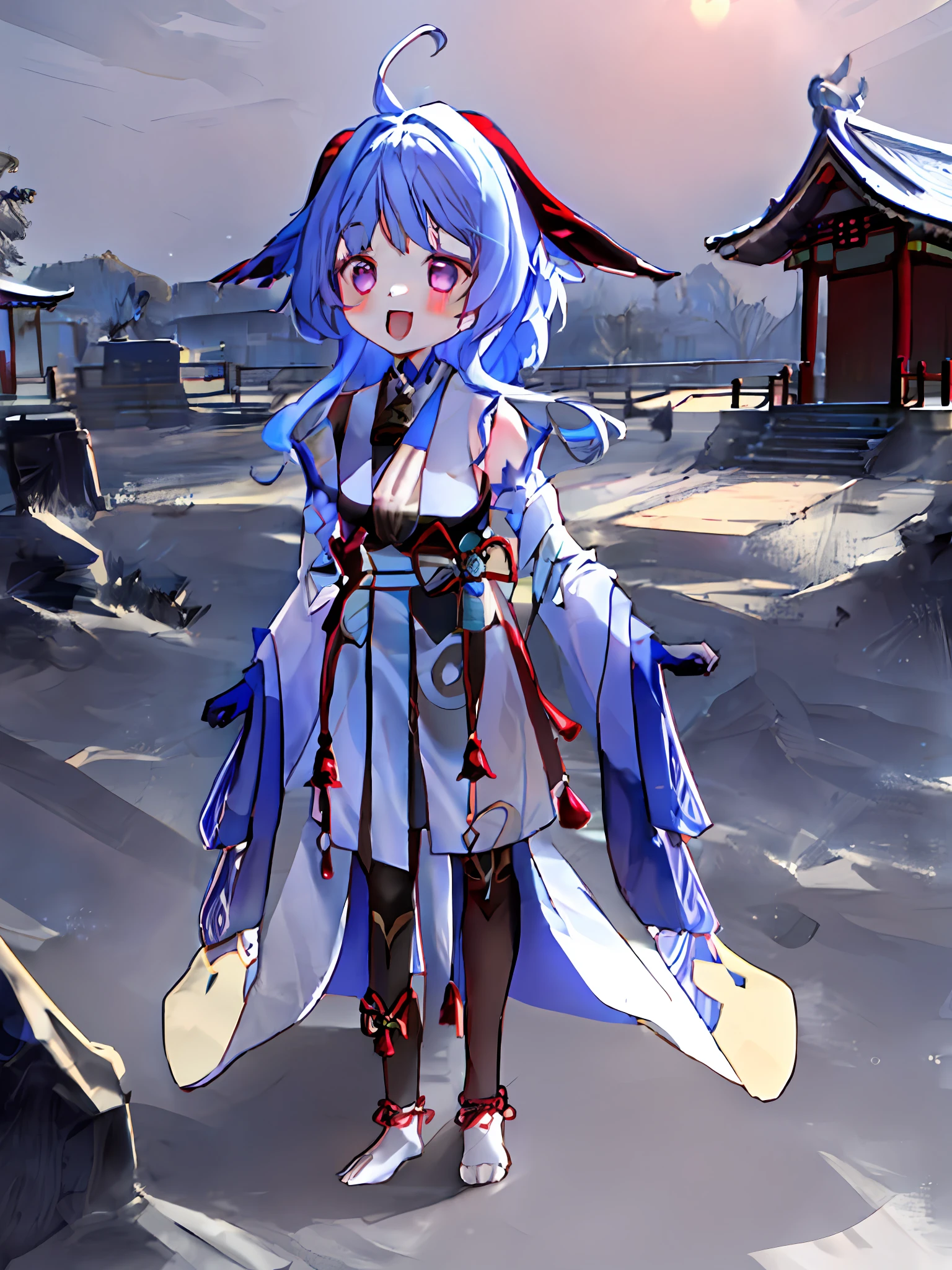 ganyu\(genshin impact\), 1girl, ahoge, architecture, bangs, bare shoulders, bell, black gloves, black tights, ((blue hair), blush, breasts, chinese knot, sleeve, East Asian architecture, flower knot, glove, horn, long hair, looking at the audience, medium chest, neckbell, night, outdoor, pantyhose, purple eyes, sideburns, solo, tassels, white sleeves, ((masterpiece))