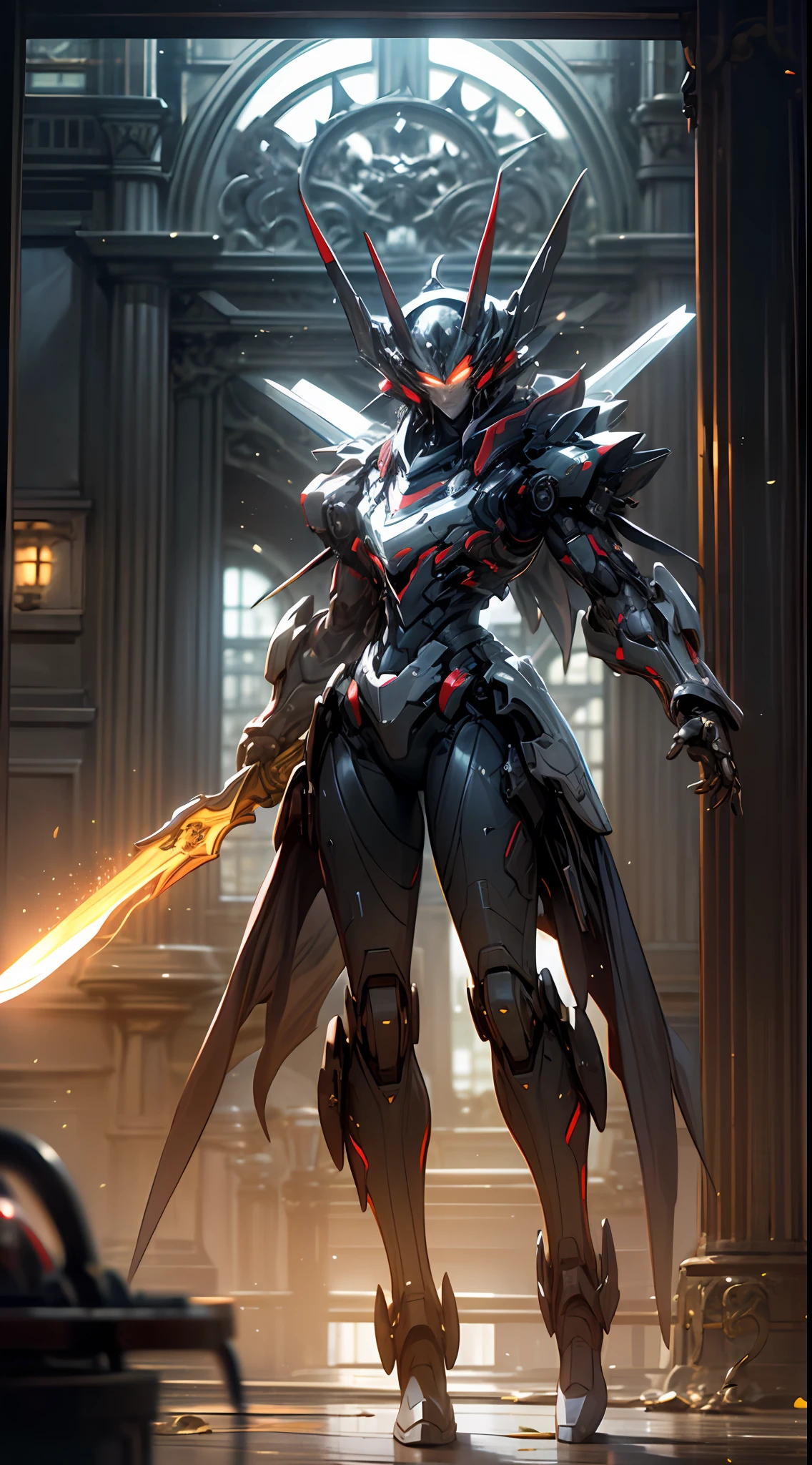 The largest mech，Sparkling mech，White-gold mech，（Full body photo：1.3），Blue glowing eyes，Complex and elaborate head and chest，（Both hands held the flame sword and plunged to the ground：1.3），Emits red particle light，（orthofacial：1.3），Ultra photo realsisim，super-fine，Cinematic texture，8K,超高分辨率