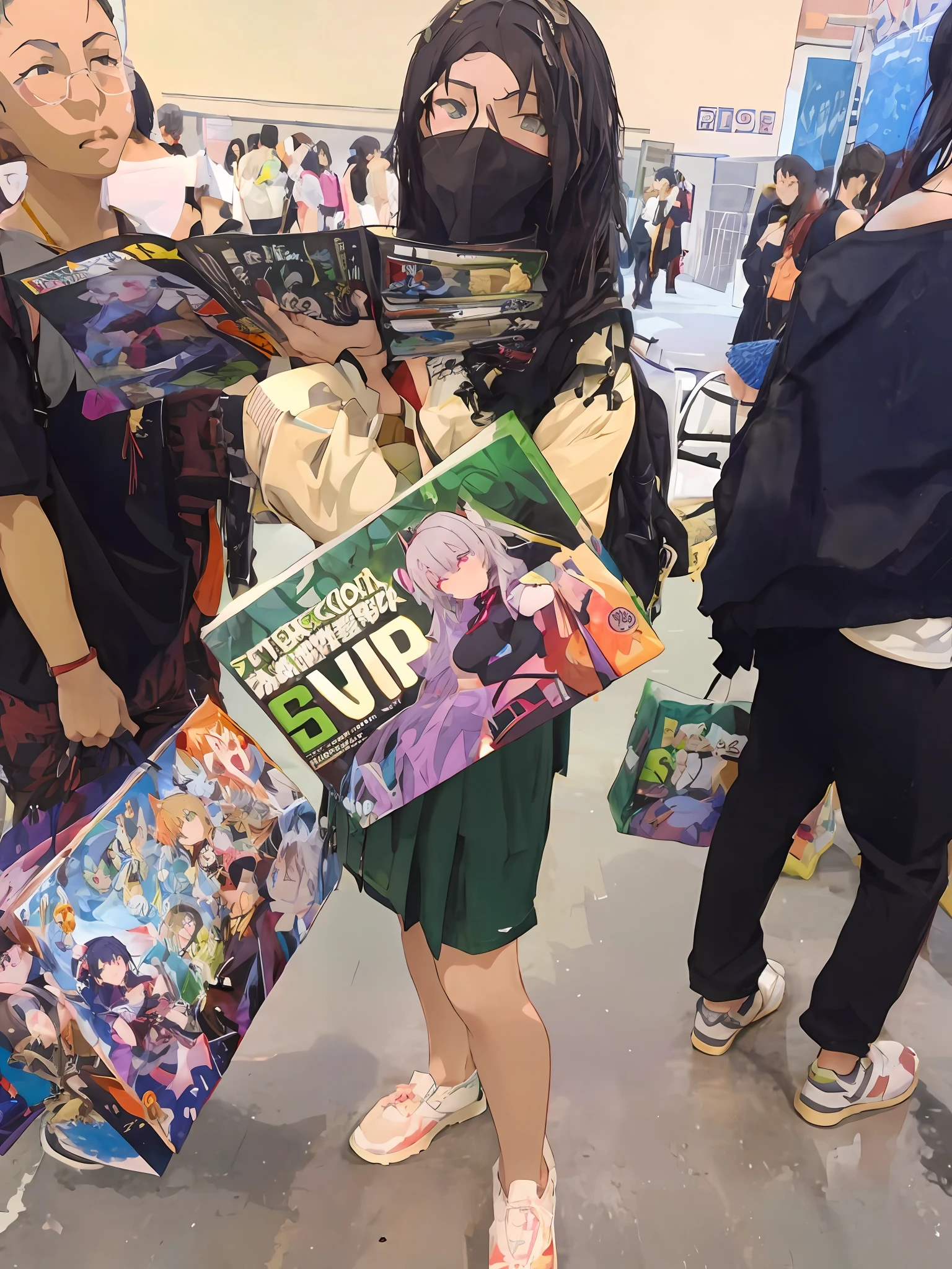 there is a woman holding a bunch of anime books in her hands, from girls frontline, hot topic anime convention, anime convention, there were eight anime people, girls frontline style, anime artbook, Anime style mixed with Fujifilm, girls frontline universe, ecchi style, Fine details. Girl Front, From Arknights, masayoshi suto and artgerm