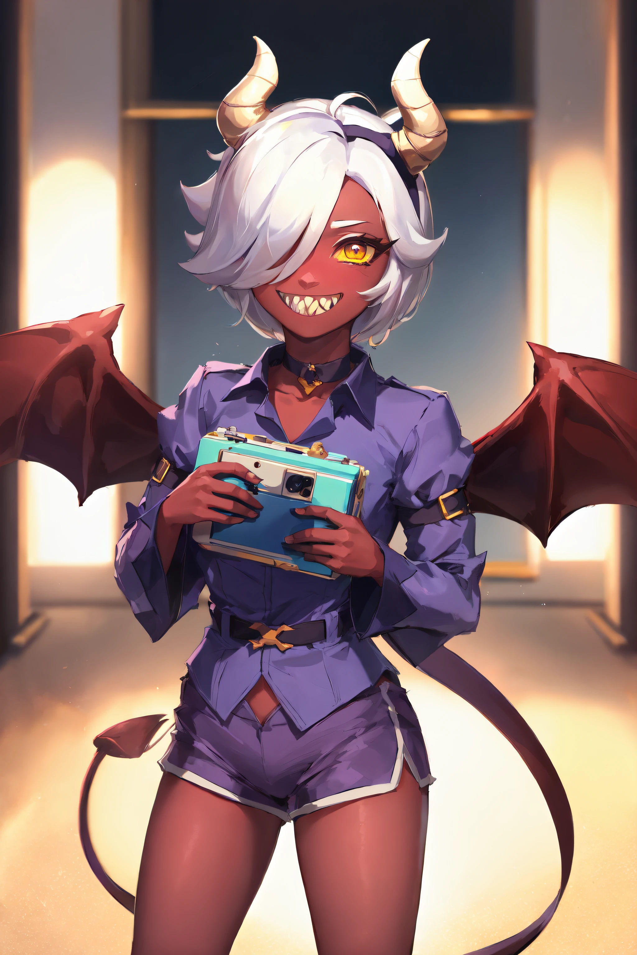 (masterpiece, best quality:1.2), cowboy shot, solo, 1girl, colette, colored skin, red skin, sharp teeth, grin, looking at viewer, white hair, hair over one eye, horns, yellow eyes, purple shirt, purple shorts, demon wings