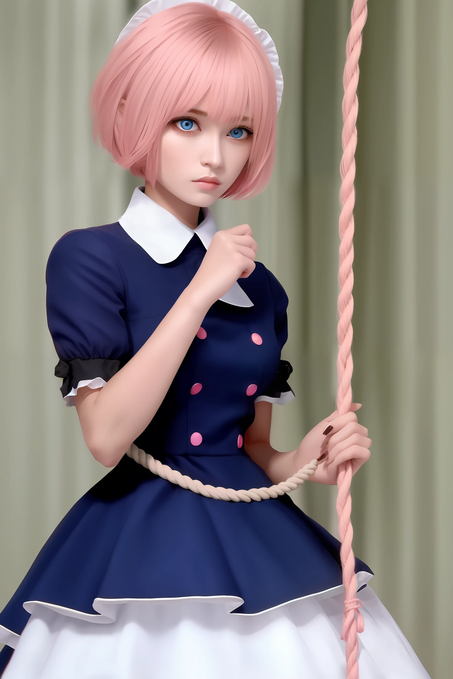 blue eyess，blue short hair，Hair covers the right eye，the maid outfit，Pink head rope