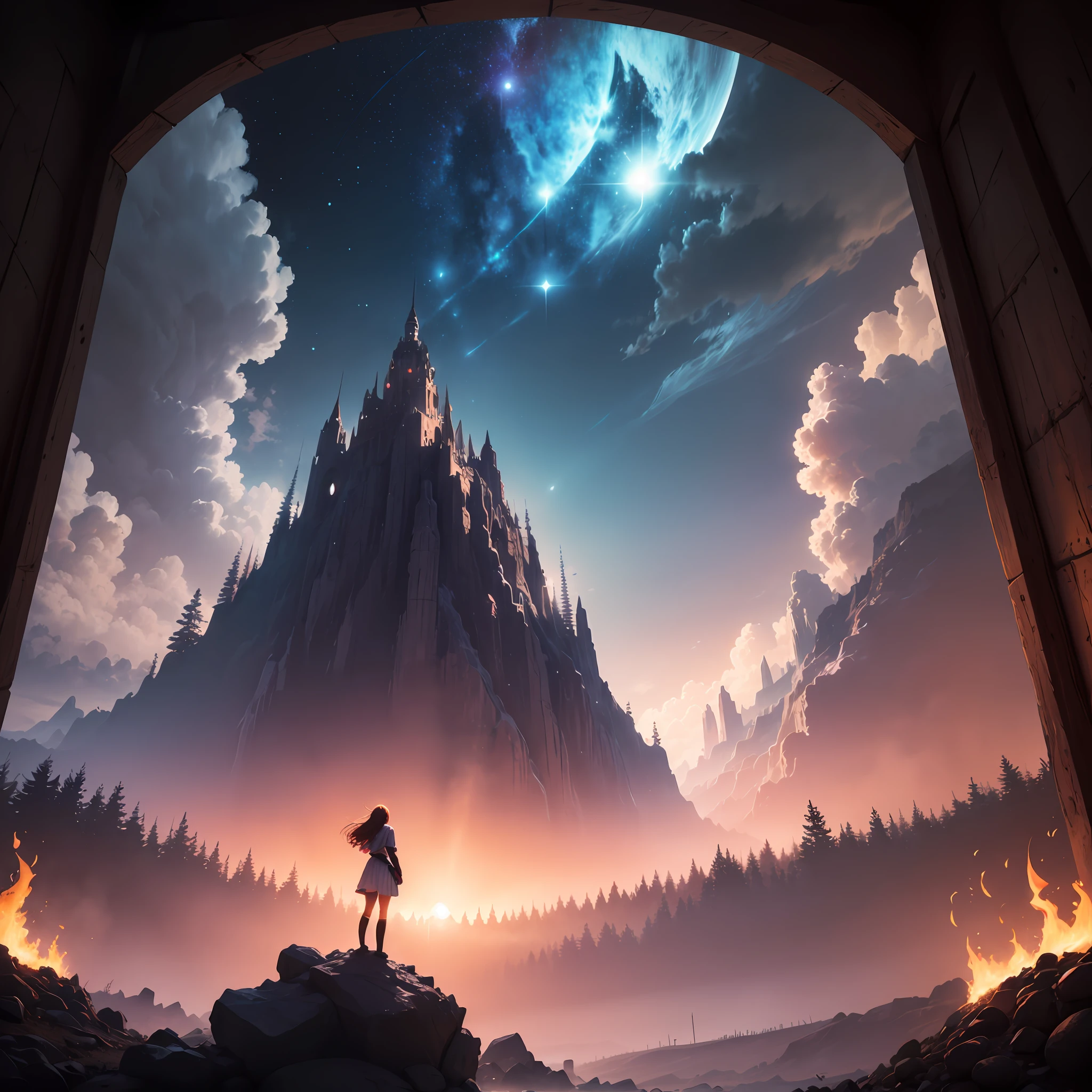 Expansive landscape photograph,(look from down,Above is the sky,Below is the vast Black Forest),A girl standing at the entrance of the forest looking up,(suns:1.2),(balls of fire:0.9),(Starcloud:1.3),far away mountain, Tree BREAK making art,(Warm light source:1.2),(Many immortal cultivators were fighting in the sky:1.2),lamp lights,Lots of purple and orange,Complicated details,Volumetric lighting BREAK(tmasterpiece:1.2),(best qarity),4k,ultra detali,(dynamic compositions:1.4),with great detail,plethora of colors,(Irridescent color:1.2),(with light glowing,Atmospheric lighting),dream magical,magical,(独奏:1.2) --auto
