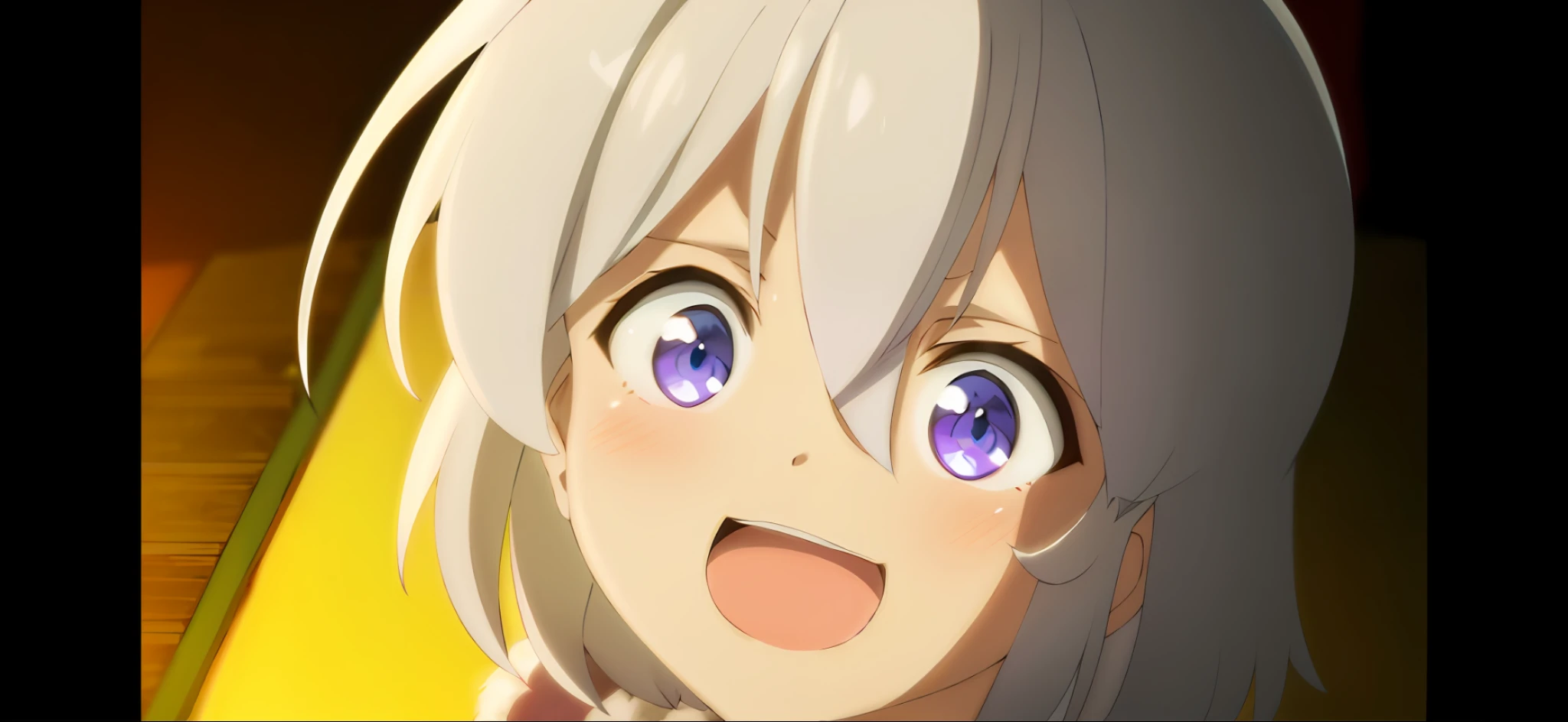 anime girl with white hair and blue eyes looking at camera, Ayaka Genshin impact, she has a cute expressive face, 8K!, screenshot from the anime film, animated still, still from tv anime, anime visual of a cute girl, ayaka game genshin impact, Today's featured anime stills, slightly happy facial expression