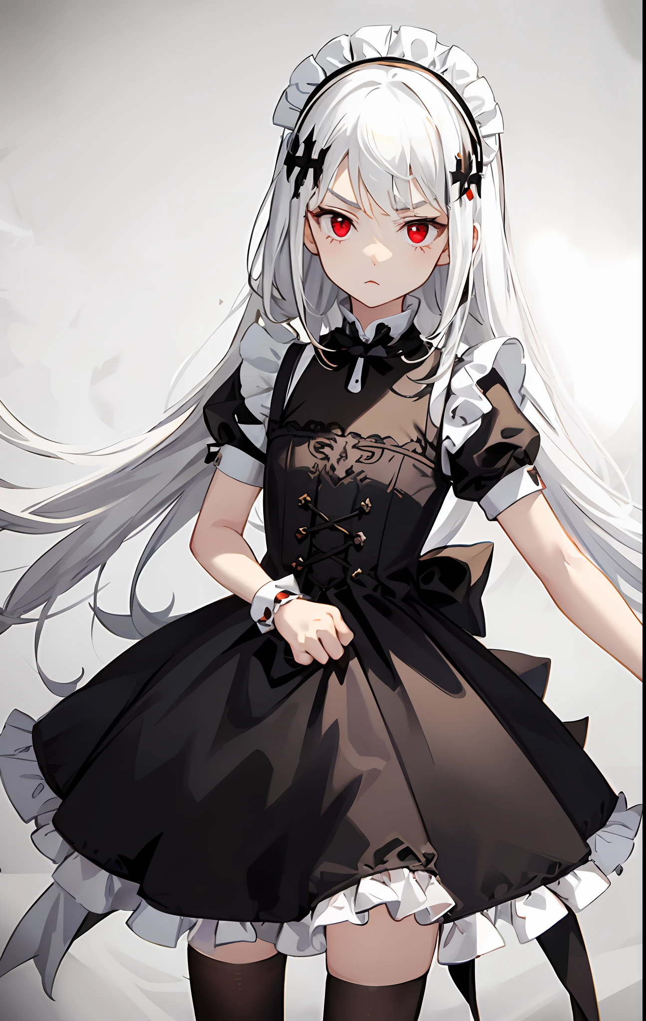 In deep darkness，Beneath the pure white sexy maid costume hides a young loli vampire queen。She has shiny silver-white extra-long hair、bloody red eyes，Exudes a deadly temptation that makes you unable to breathe。At this point，Her brows furrowed slightly，As if sneering at something，Calmly showing her noble identity。