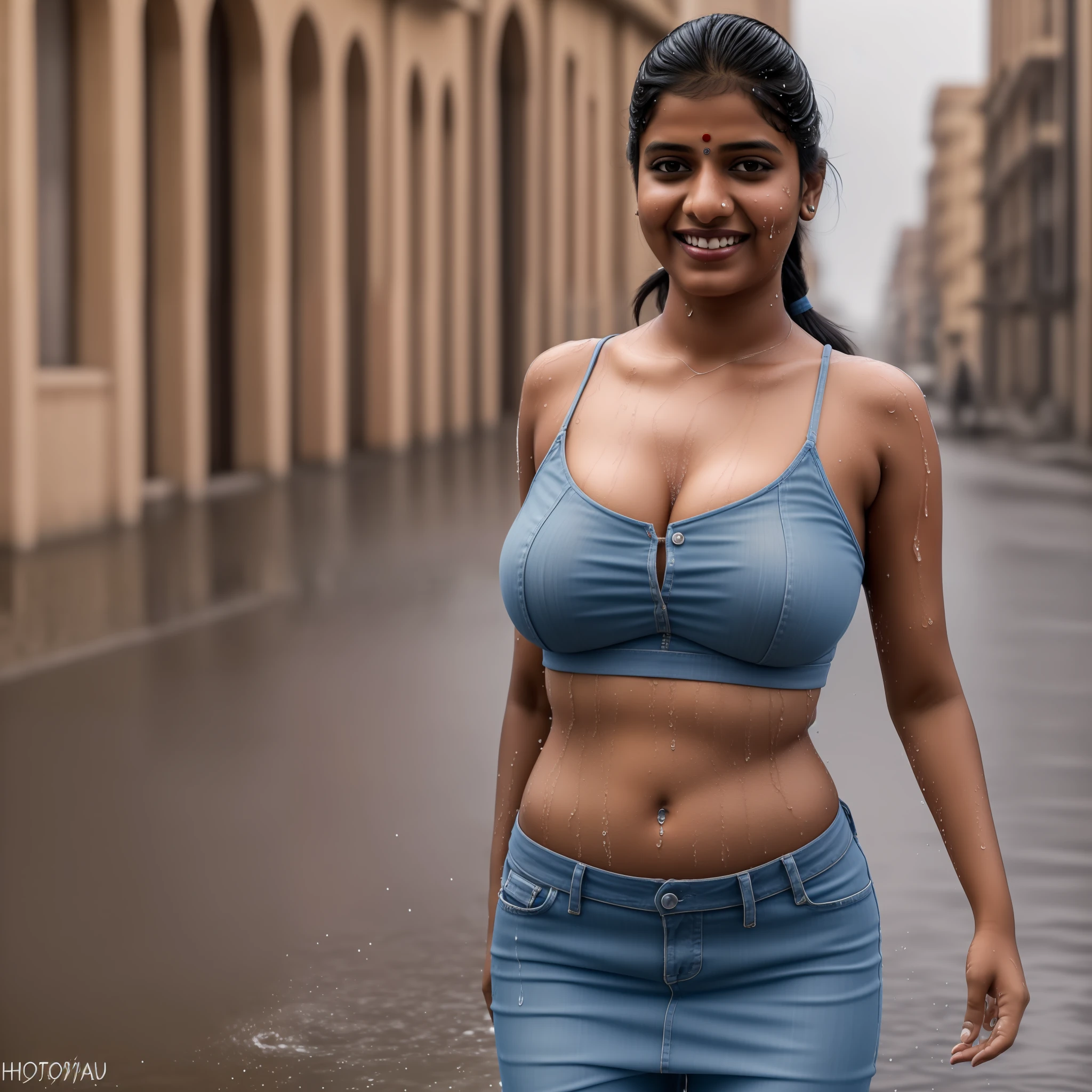 a young Indian woman, street, smiling, ponytails, (hdr:1.3), (muted colors:1.2), dramatic, complex background, cinematic, filmic, soaking wet, anatomically correct, (photorealistic:1.4), busty, curvy