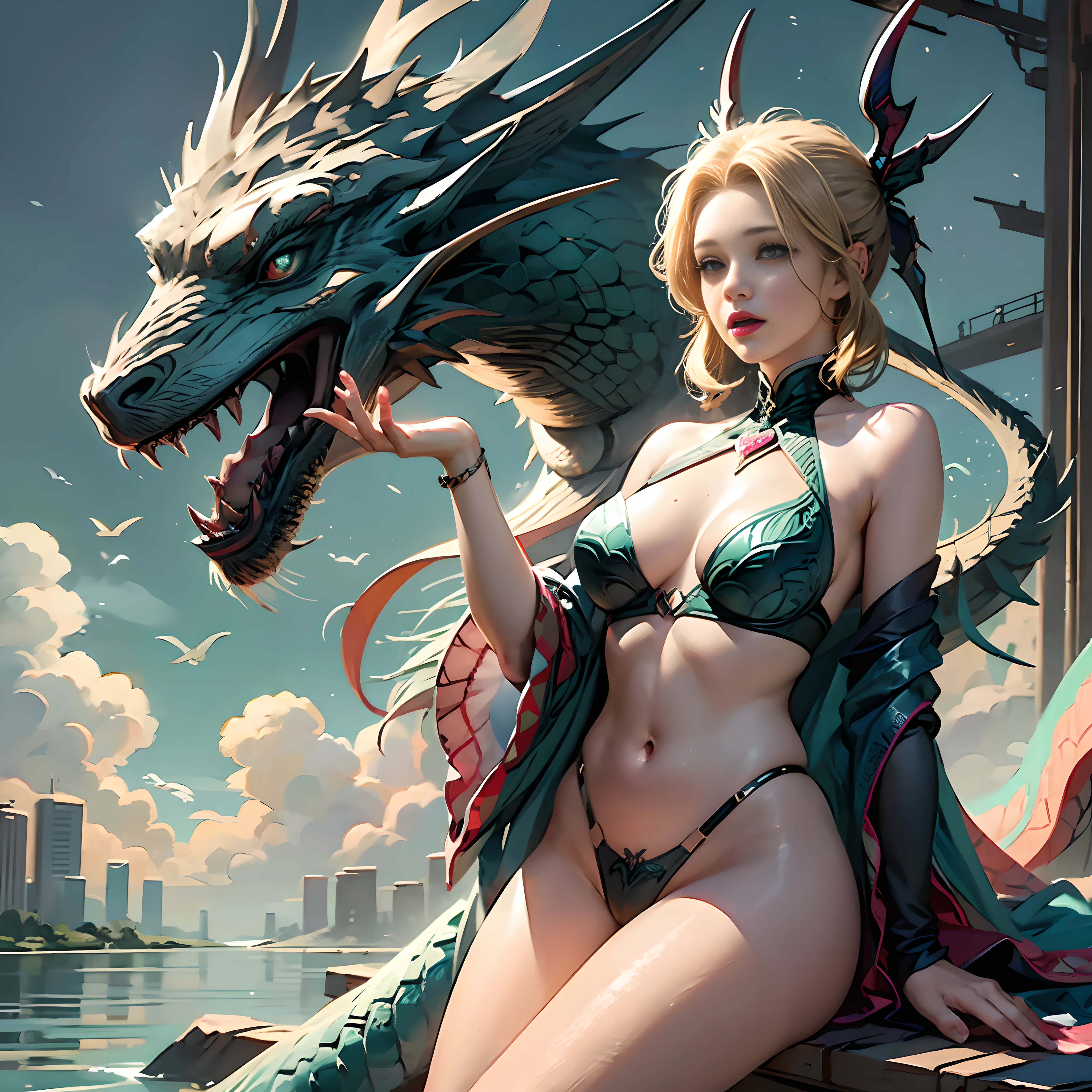 The arms are long with dragon scales, Kizi, Dark green dragon scales,Surrounding the river, Sexy figure, Sit Pose, early evening, de pele branca, Blonde hair, hair shawls, Dragon horns, Moles under eyes, long and pointed ears, Close-up, A high resolution