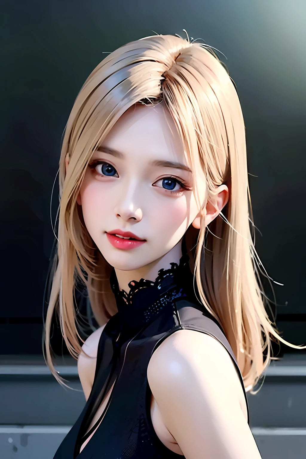 blond woman with blue eyes and a black dress posing for a picture, Guviz-style artwork, inspired by Yanjun Cheng, Kawaii realistic portrait, author:yanjun cheng, Guviz, Stunning anime face portrait, Realistic. Cheng Yi, Realistic art style, 🤤 girl portrait, Realistic digital painting, Realistic cute girl painting, IG model | Art germ