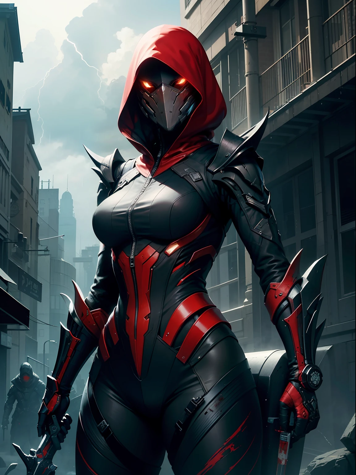 1 japanese girl, WARFRAME, intricate pattern, heavy metal, energy lines, faceless, glowing eyes, elegant, intense, blood red and black uniform, solo, modern, city, streets, dark clouds, thunderstorm, heavy rain,
dramatic lighting,
(masterpiece:1.2), best quality, high resolution,   beautiful detailed, extremely detailed, perfect lighting,