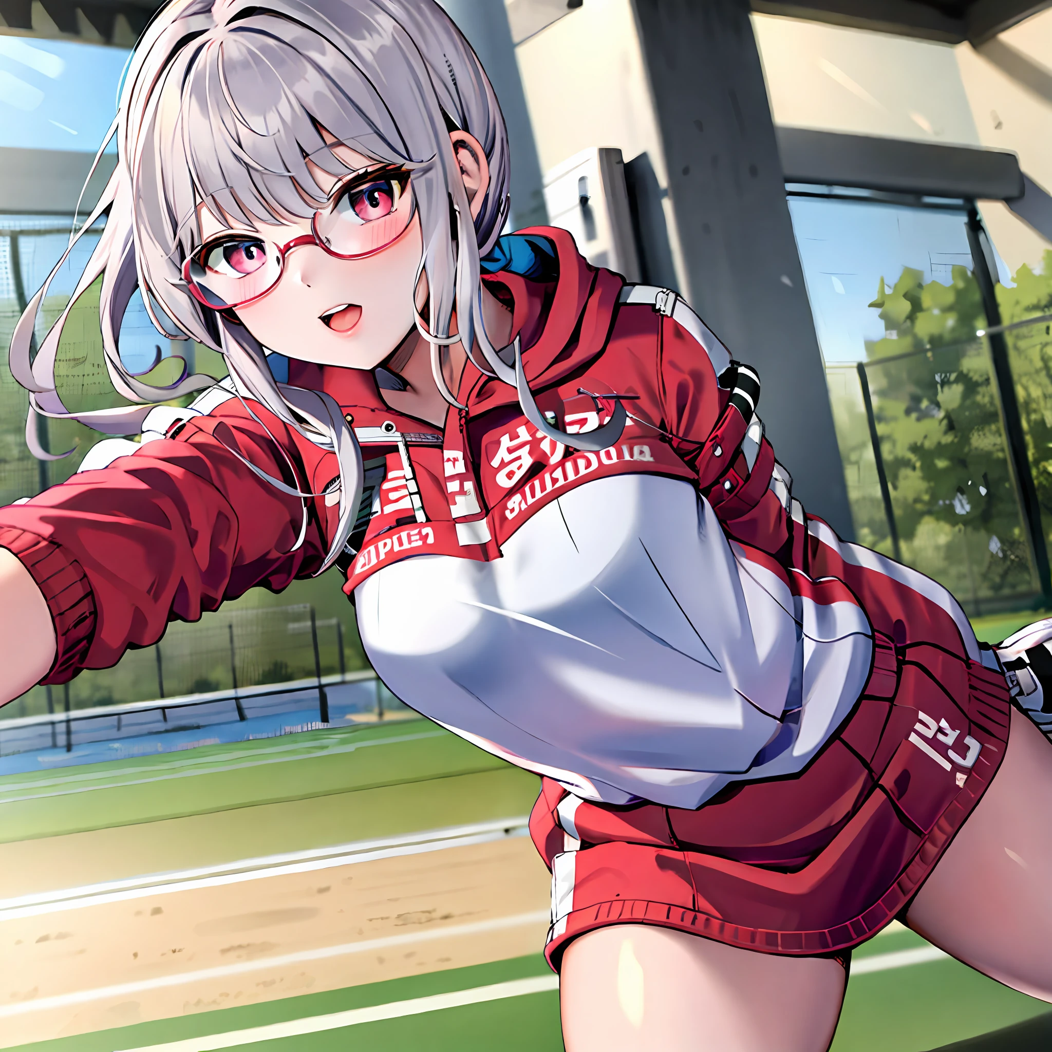 Pink hooded top，Silver-rimmed glasses，Playing badminton，White skin with red skin，Playing badminton，The corners of the mouth are slightly upturned，The body is slightly fat，Big eyes，high-school student，Blue school uniform