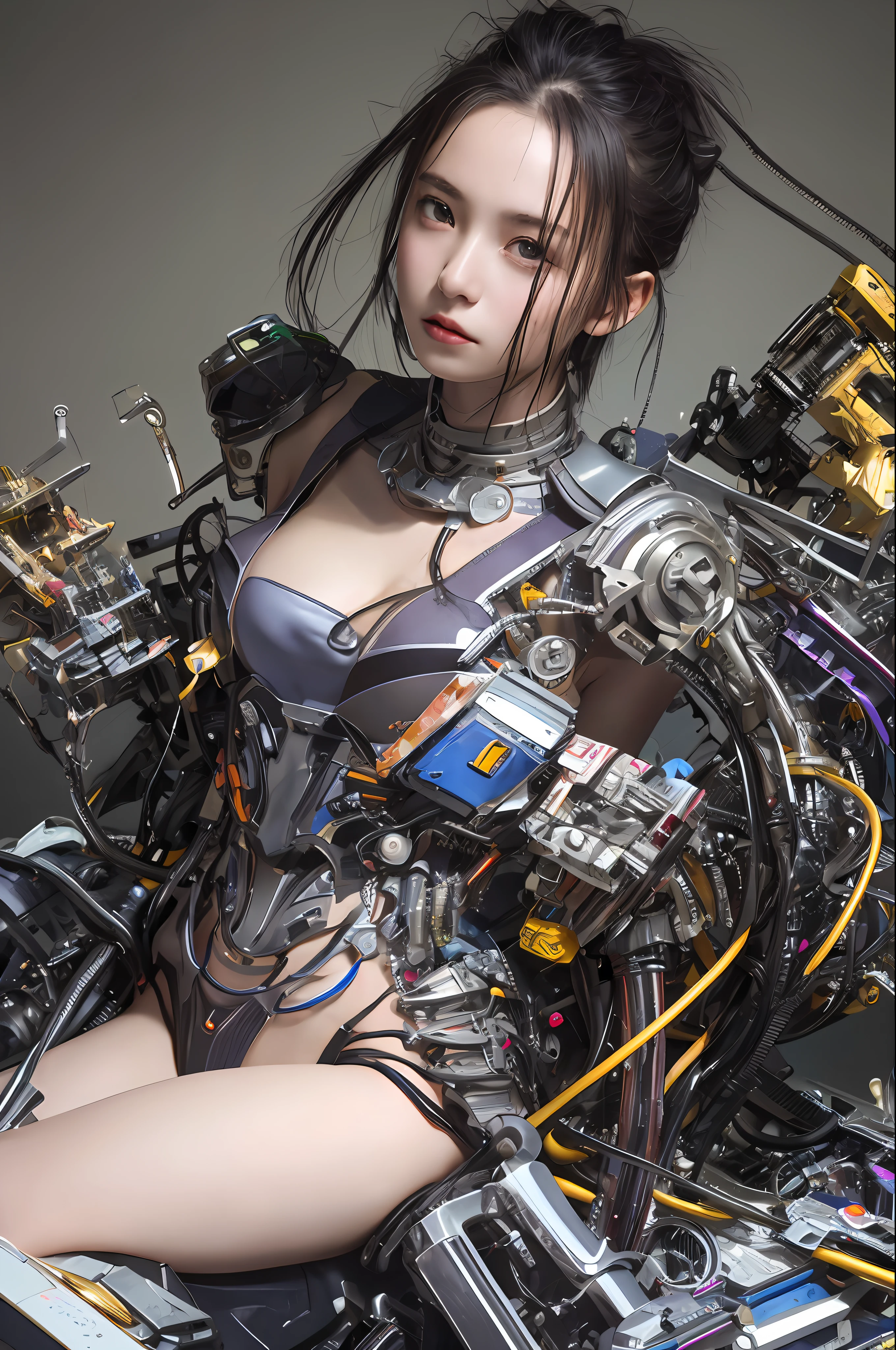 beste-Qualit、​masterpiece、The ultra-Highres、(Hphotorealistic:1.4)、Raw photo、女の子1人、Black hair、glowy skin、1 Sexy Mechanical Girl、((Ultra Realistic Detail))、portlate、globalillumination、Shadow、octan render、8K、ultrasharp、hugetits、Raw skin is  in cleavage、metals、Details of complex ornaments、Gothloli details、highly intricate detail、Realistic light、CGSoation Trends、purple-eyed、radiant eyes、Facing the camera、neon details、Mechanical limbs、blood vessels connected to tubes、Mechanical vertebrae attached to the back、mechanical cervical attaching to neck、sitting on、Wires and cables connecting to the head、steampunc、Gundam、Small LED lamp、