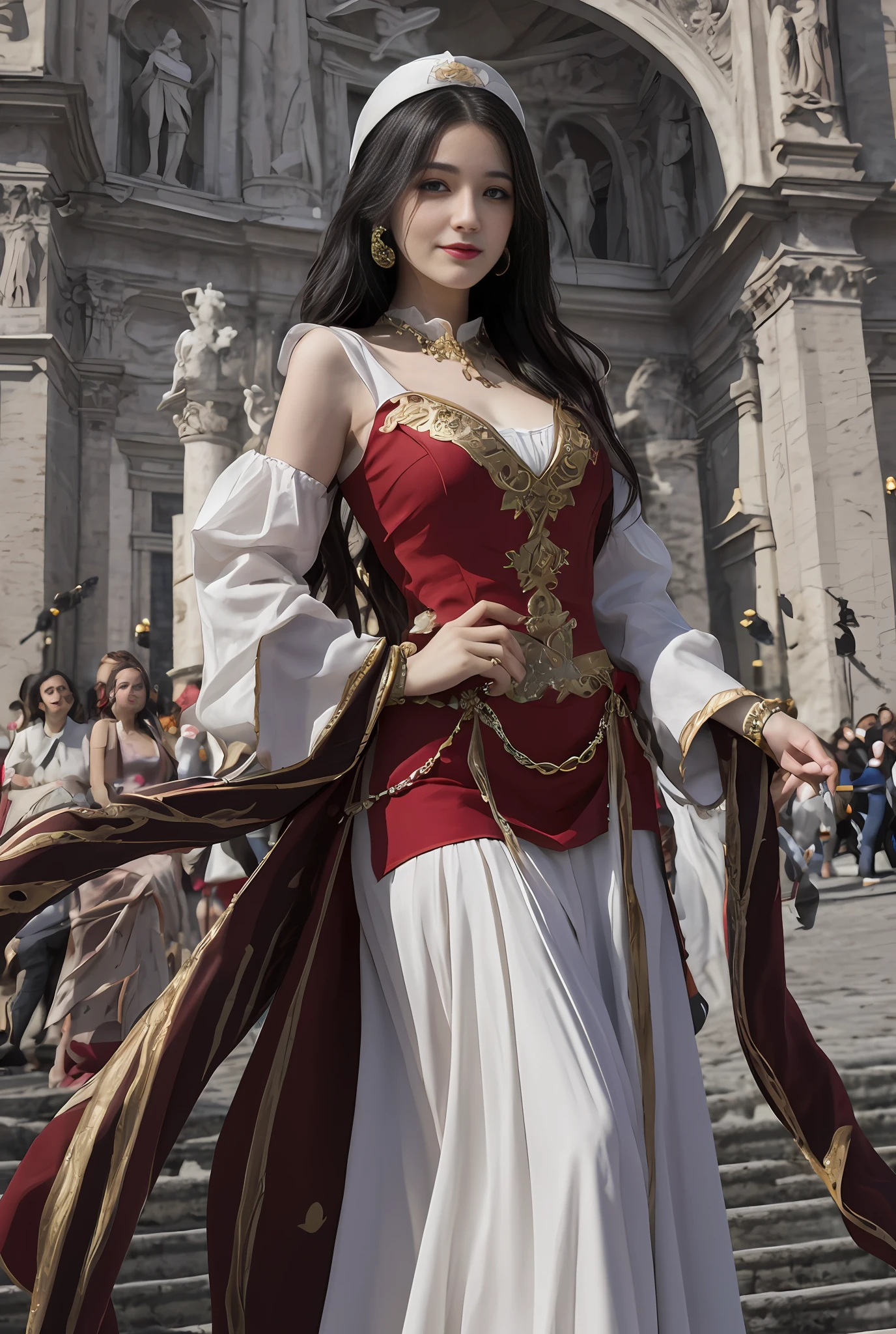 (巨作, Best quality, Realistic),
1girll,(on the St. Peter's Square of Vatican,crowd), sankta. Peter's Square of Vatican background, gypsy dress, Dancing, Elaborate dress, Gold,banquet, crowd, picking up skirt,Pale skin,
[Slight smile],