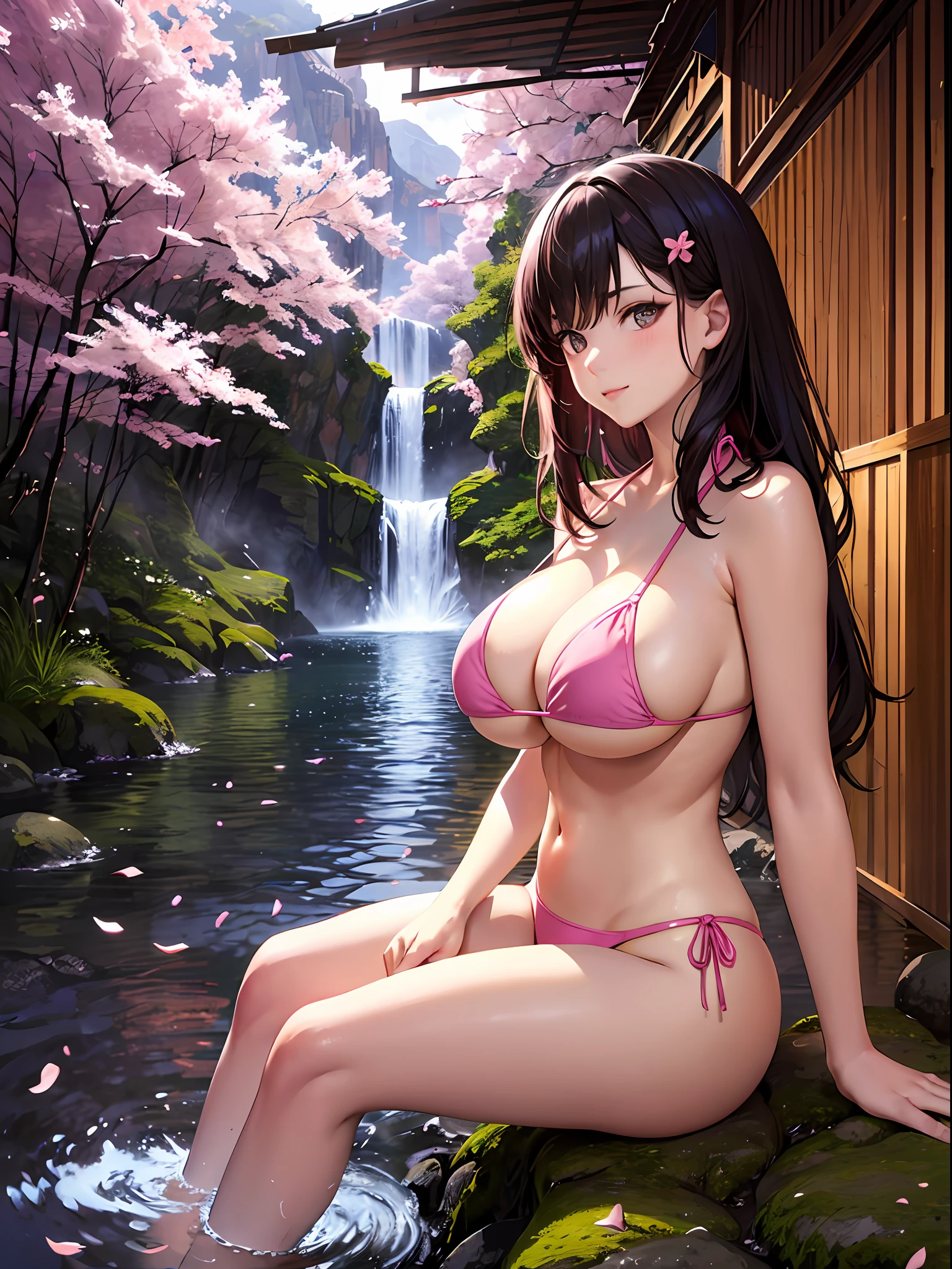 (beste-Qualit: 1.3), (​masterpiece: 1.3), (The ultra-detailliert: 1.3), (wall-paper, One-man girl), ([Diamonds: 1.3|The eye]:1.2)、(Perfect beautiful pink bikini:1.5)、A dark-haired、Longhaire、straight haired、(Beautiful Large Breasts:2.0)、fullllbody、hot onsen、cherry trees
