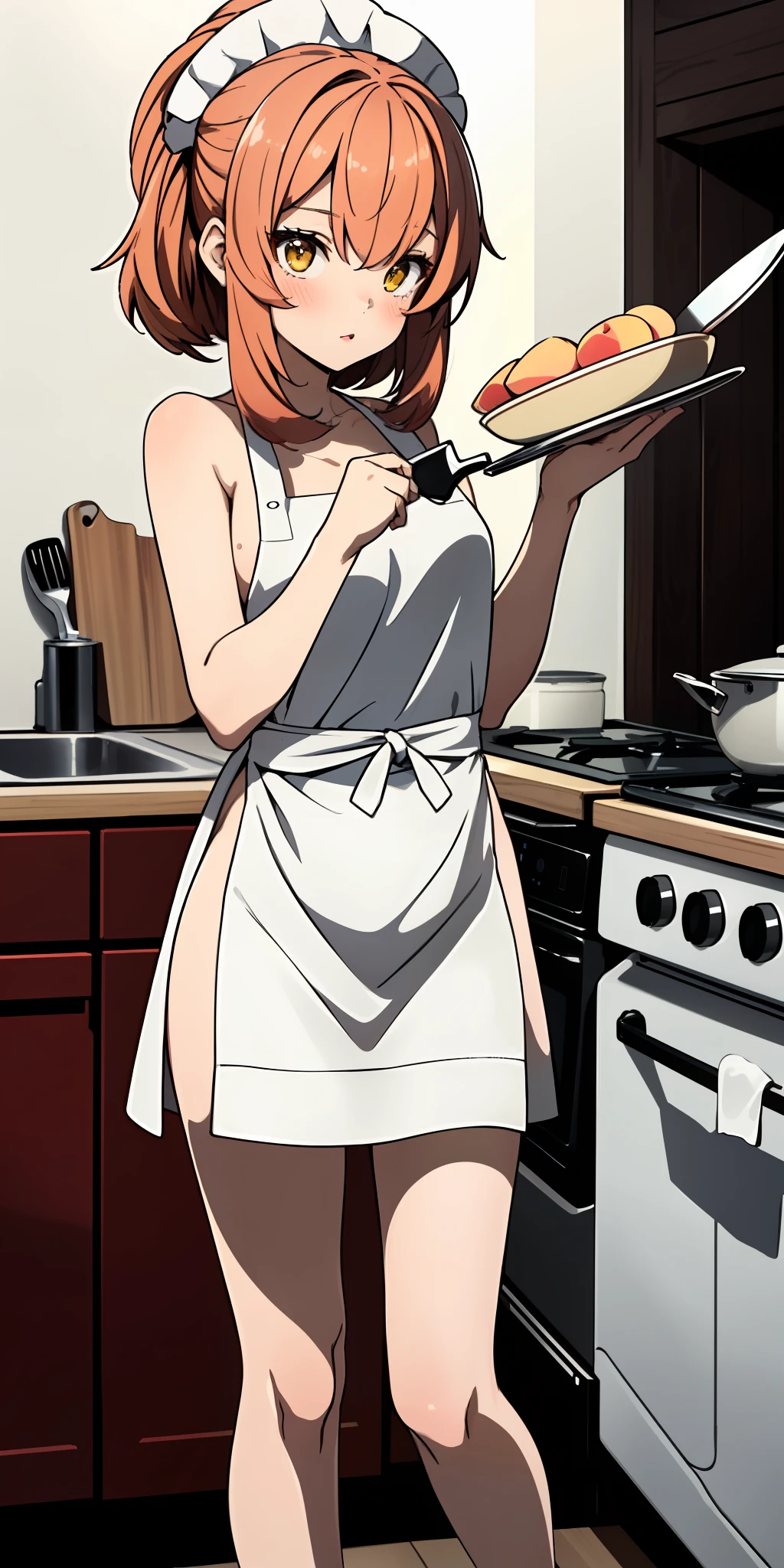 1girl, solo, masterpiece, highest quality, 8k, , kitchen background, naked apron, bare legs, sexy legs, bewitching thighs, blushing slightly, sfw, thick thighs, holding kitchen knife on each hand facing a turkey on plate half cooked, red hair, yellow eyes, peach skin, black and white apron, naked apron, ahegao expression