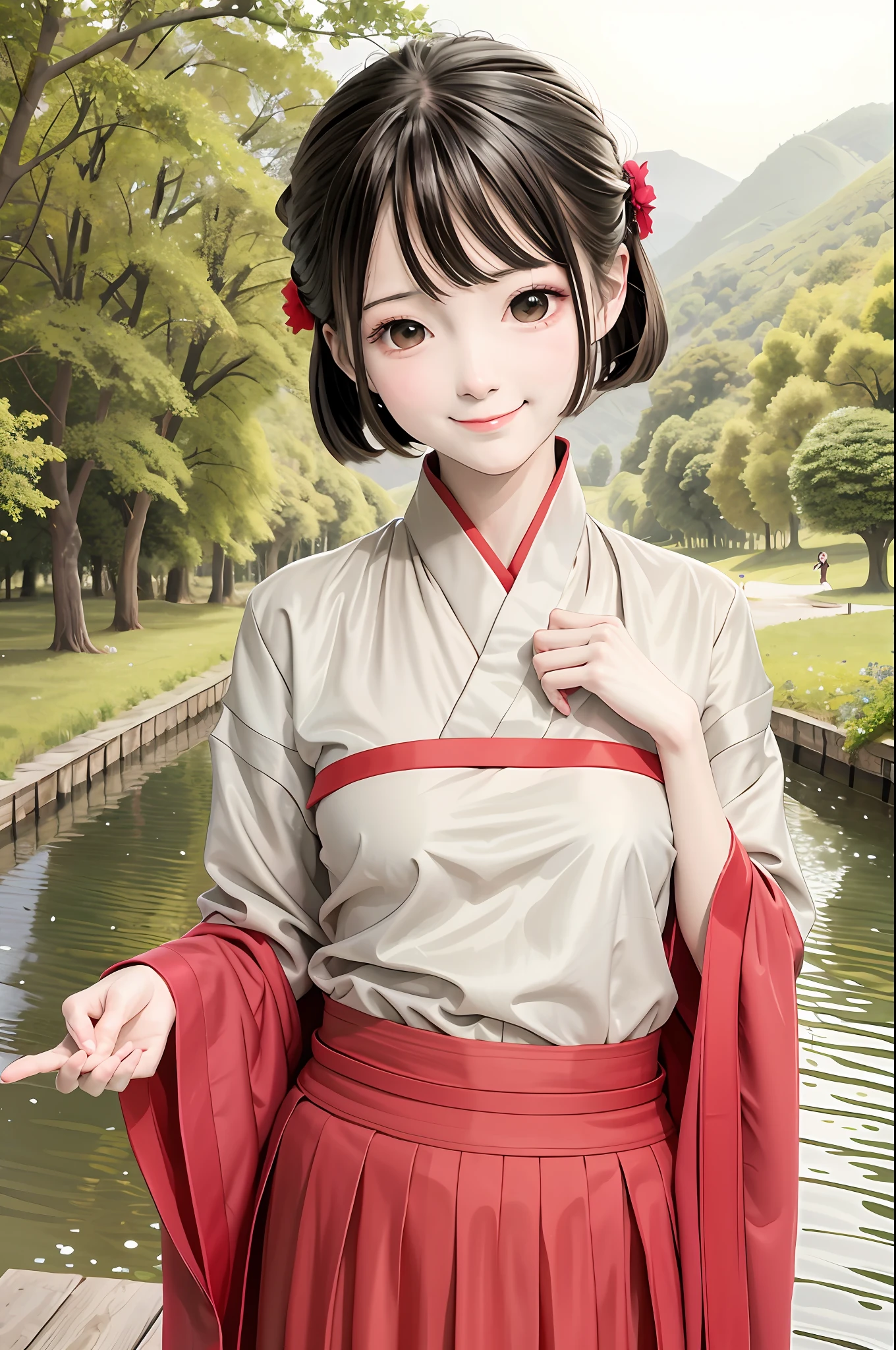 (masterpiece),best quality,good anatomy, shuimobysim,(1 girl:1), (upper body),(smile),short hair,(hanfu),(ecchi0.5), (trees:0.5), (flowers:0.6) ,(wooden house:0.2),(bamboo forest:0.2),(creek:0.2),(river:0.2),