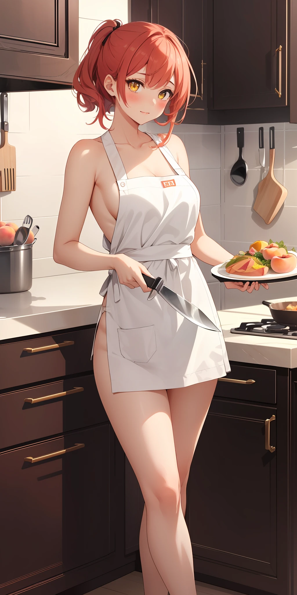 1girl, solo, masterpiece, highest quality, 8k, , kitchen background, naked apron, bare legs, sexy legs, bewitching thighs, blushing slightly, sfw, thick thighs, holding kitchen knife on each hand facing a turkey on plate half cooked, red hair, yellow eyes, peach skin, black and white apron, naked apron, ahegao expression
