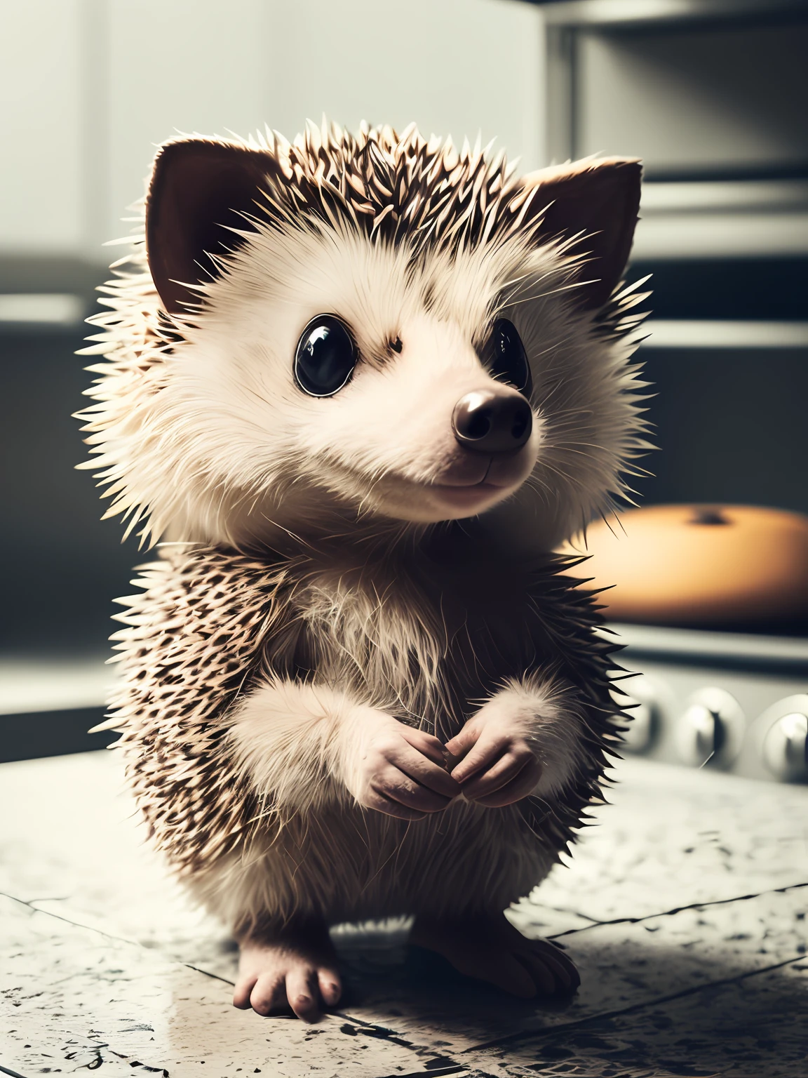 anthropomorphic hedgehog in the kitchen, looks at the gas to the viewer, Lightroom, Cinematic, HDR, Soggy, intricated, hiquality, Calm tones, Complicated details, low contrast