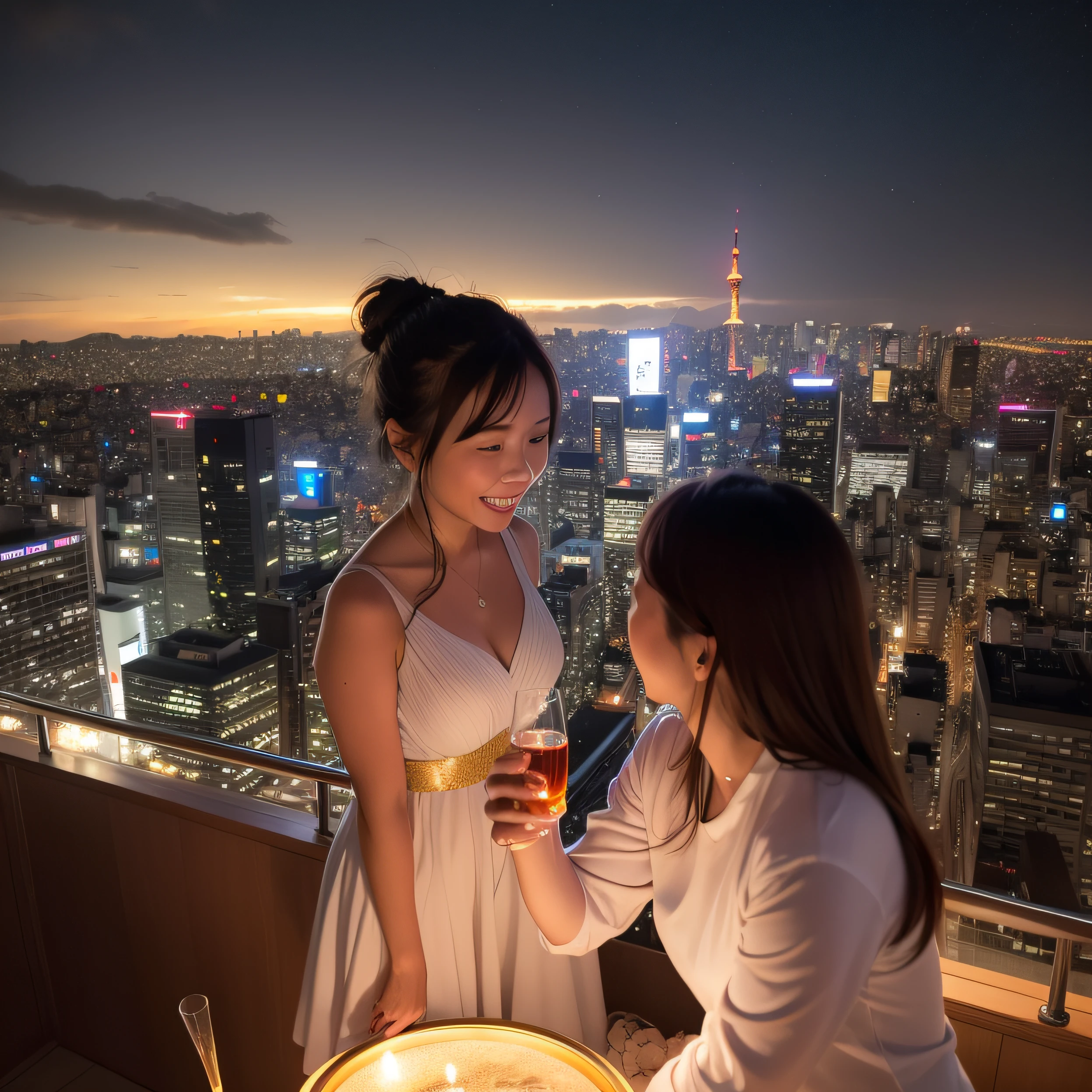 In front of the woman、A gorgeous angel in a costume with shining golden wings appears.、Makes you feel a sacred presence。The angel from the golden bottle in his hand、Gently pour sparkling golden water over the woman's head。The water envelops the female body.、Gives a pure baptism。The moment a woman is baptized、Be the happiest being illuminated by the night view of Tokyo、I feel that joy with my whole body.。
The surrounding landscape is、Reflects Tokyo's nighttime urban atmosphere。Gleaming skyscrapers and sparkling streetlights、The bustle of the downtown area is depicted。pure、Stars in Tokyo Bay and the night sky々is also beautifully represented