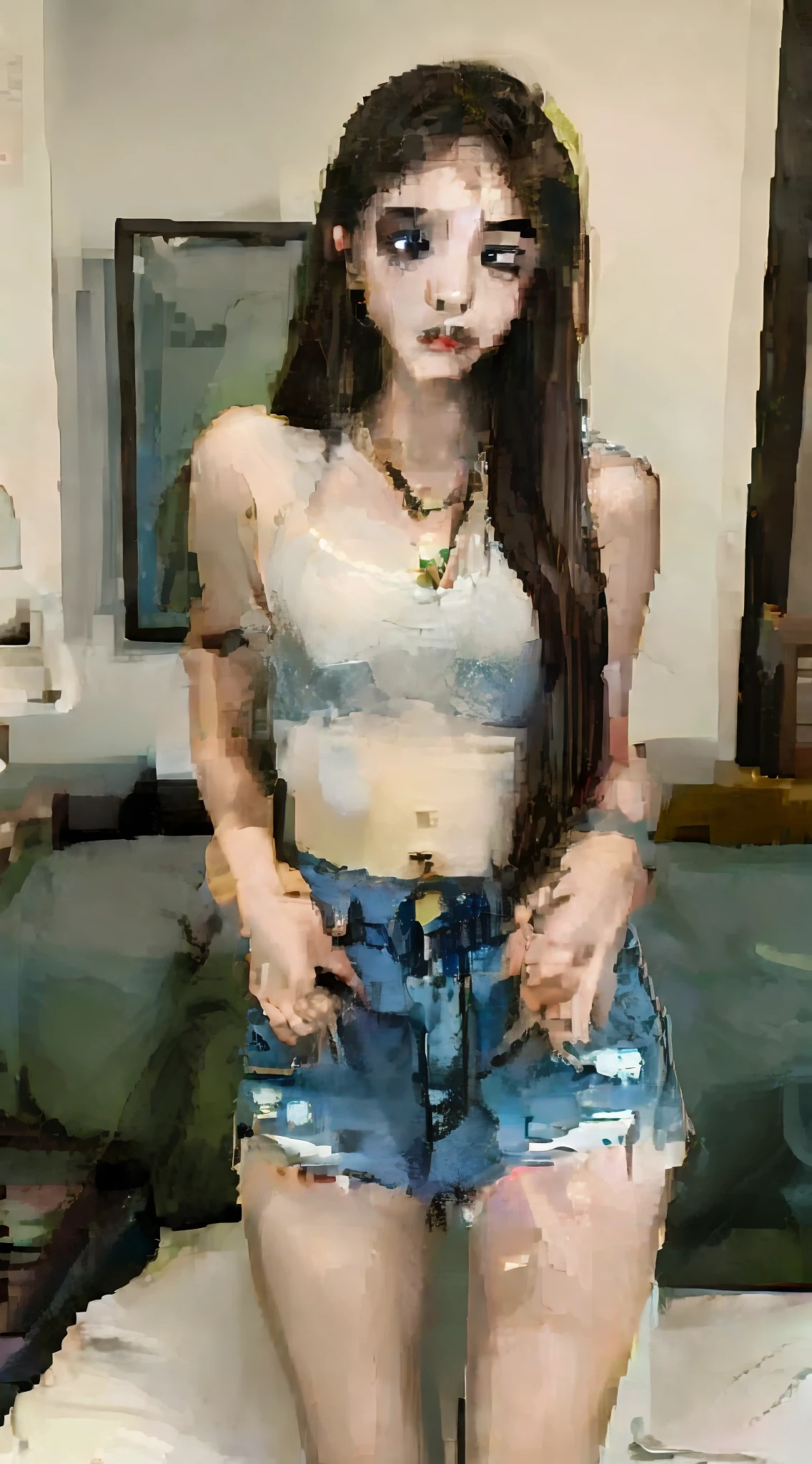 (top quality, 8k, masterpiece: 1.3), pretty woman with perfect figure: 1.4, dark brown hair, big, wearing pendant, torn shorts, in bedroom, very detailed face and skin, detailed eyes, double eyelids, duo