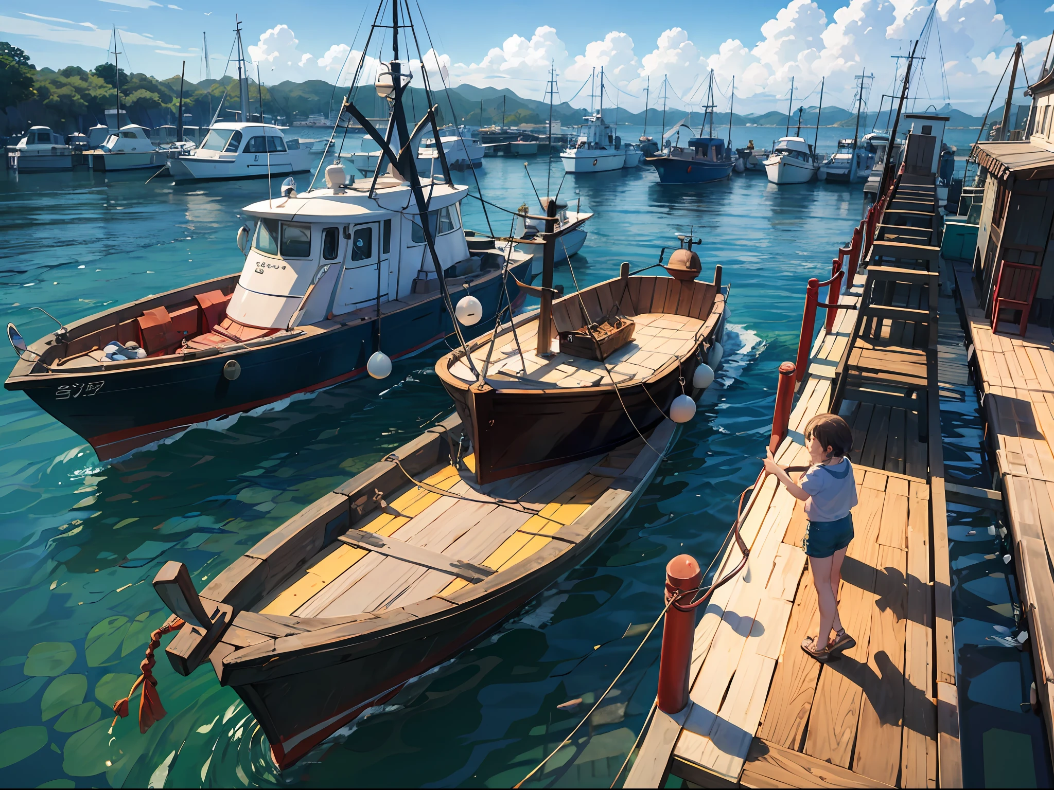 harbour、towns、red bridge、fishing boats