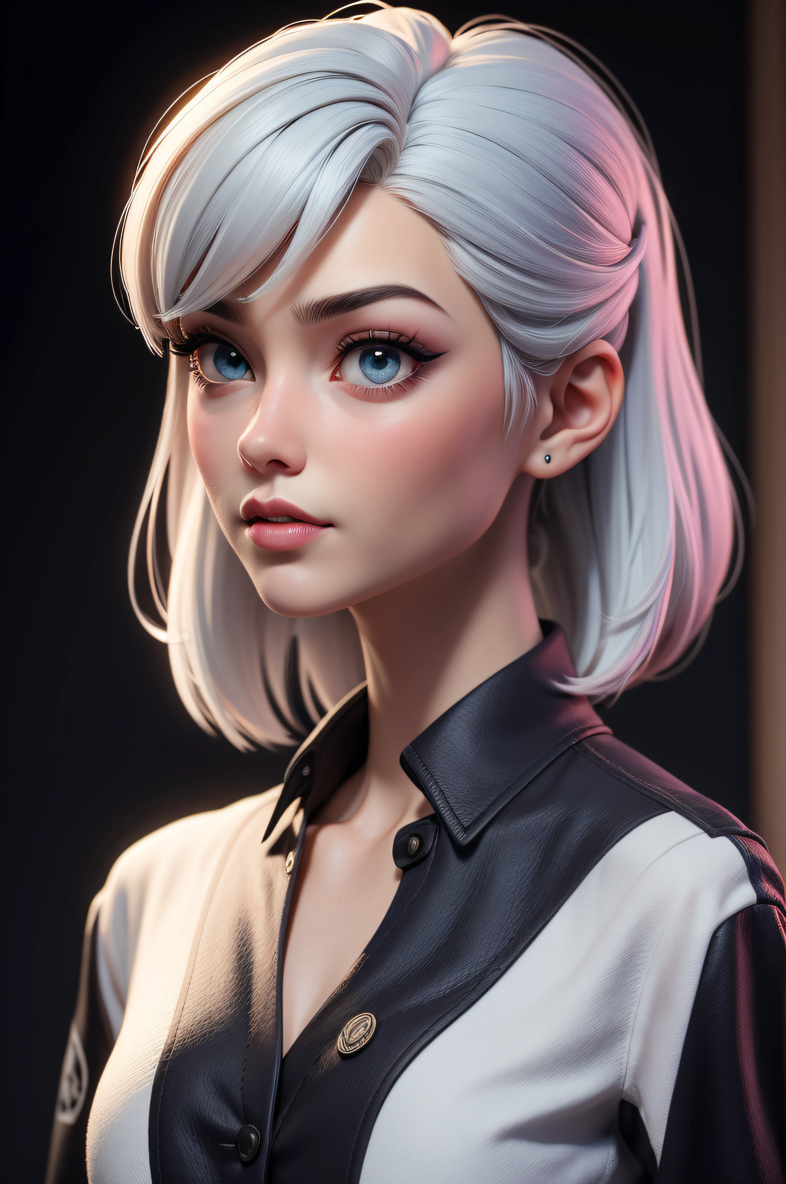 Obra-prima, Melhor Qualidade, 3D Rip Artwork, Estilo 3DMM, Close-up, Retrato, Realismo, Braca de Neve, Cabelo Preto, Olhar para o Lado, Fundo Simples, Olhos Pretos, Cabelo Curto & Bangs, Split lips, Olho Desafio, Camisa Preta, Detalhe da Camisa, Watermark Treatment.